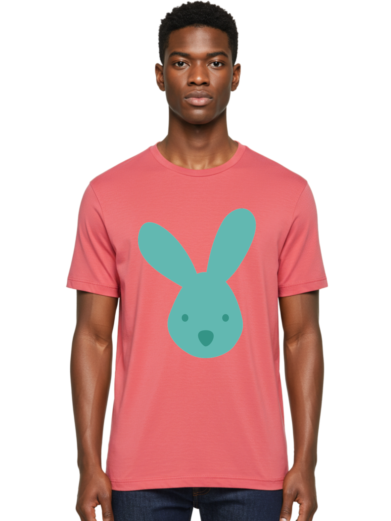 Bunny-Head Men'S Graphic Tee, 100% Cotton, Comfortable Casual Summer Wear, Machine Washable, Cartoon Bunny, Teal Rabbit, Simple Design, Cute Face, Digital Illustration, Easter Theme, Minimalist Art, Pastel Colors Aac550