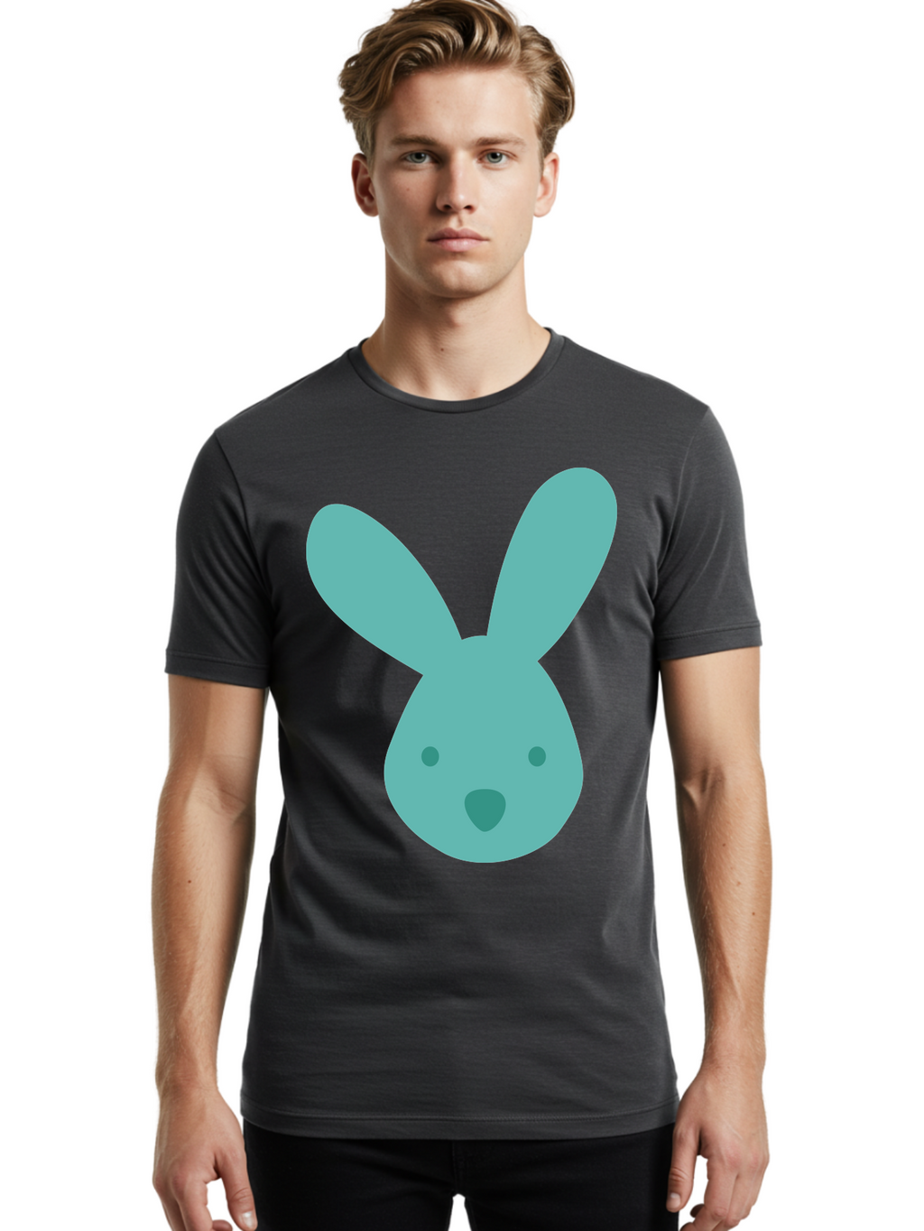 Bunny-Head Men'S Graphic Tee, 100% Cotton, Comfortable Casual Summer Wear, Machine Washable, Cartoon Bunny, Teal Rabbit, Simple Design, Cute Face, Digital Illustration, Easter Theme, Minimalist Art, Pastel Colors Aac550