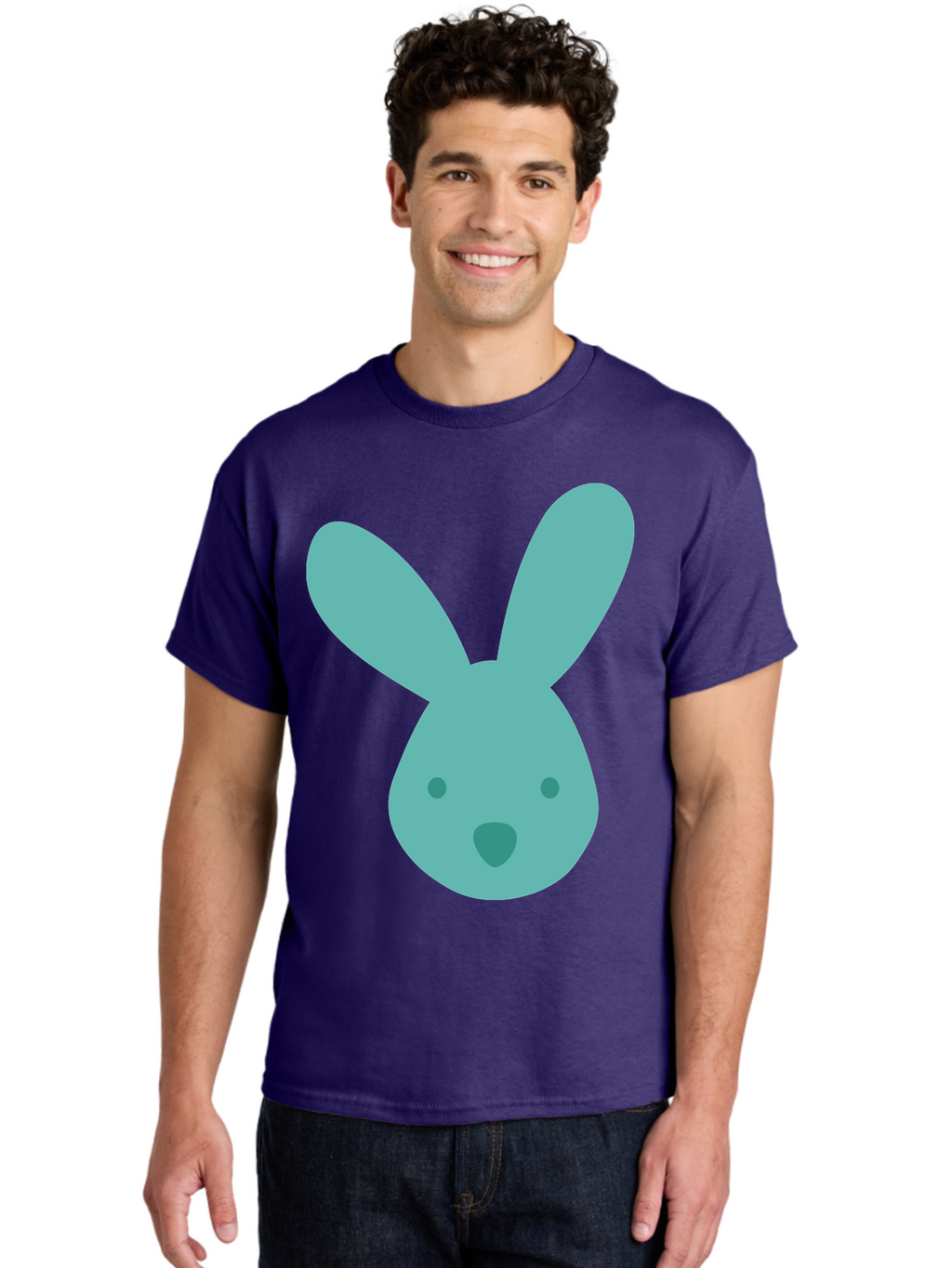 Bunny-Head Men'S Graphic Tee, 100% Cotton, Comfortable Casual Summer Wear, Machine Washable, Cartoon Bunny, Teal Rabbit, Simple Design, Cute Face, Digital Illustration, Easter Theme, Minimalist Art, Pastel Colors Aac550