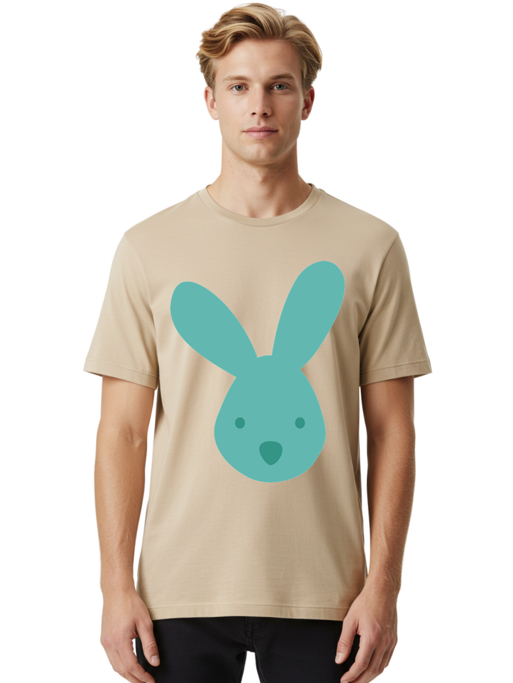 Bunny-Head Men'S Graphic Tee, 100% Cotton, Comfortable Casual Summer Wear, Machine Washable, Cartoon Bunny, Teal Rabbit, Simple Design, Cute Face, Digital Illustration, Easter Theme, Minimalist Art, Pastel Colors Aac550