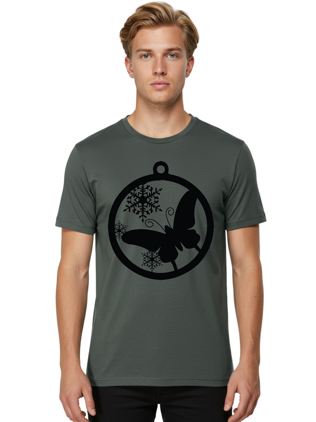 Butterfly-Ornament Men'S Graphic Tee, 100% Cotton, Comfortable Casual Summer Wear, Machine Washable, Butterfly, Snowflakes, Ornament, Winter Decor, Festive Design, Holiday Theme, Delicate Patterns, Intricate Details, Christmas Decoration Aac553