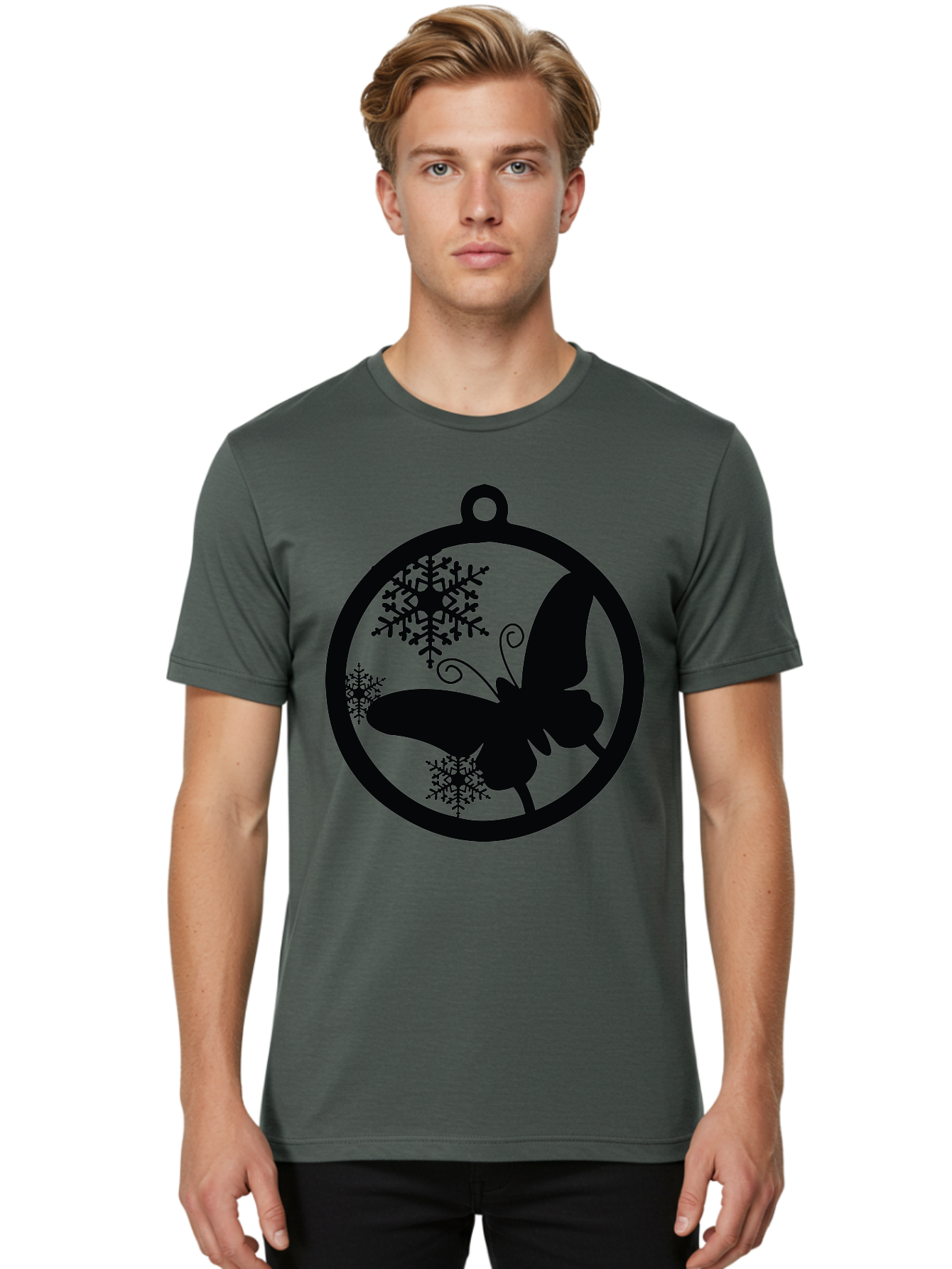 Butterfly-Ornament Men'S Graphic Tee, 100% Cotton, Comfortable Casual Summer Wear, Machine Washable, Butterfly, Snowflakes, Ornament, Winter Decor, Festive Design, Holiday Theme, Delicate Patterns, Intricate Details, Christmas Decoration Aac553