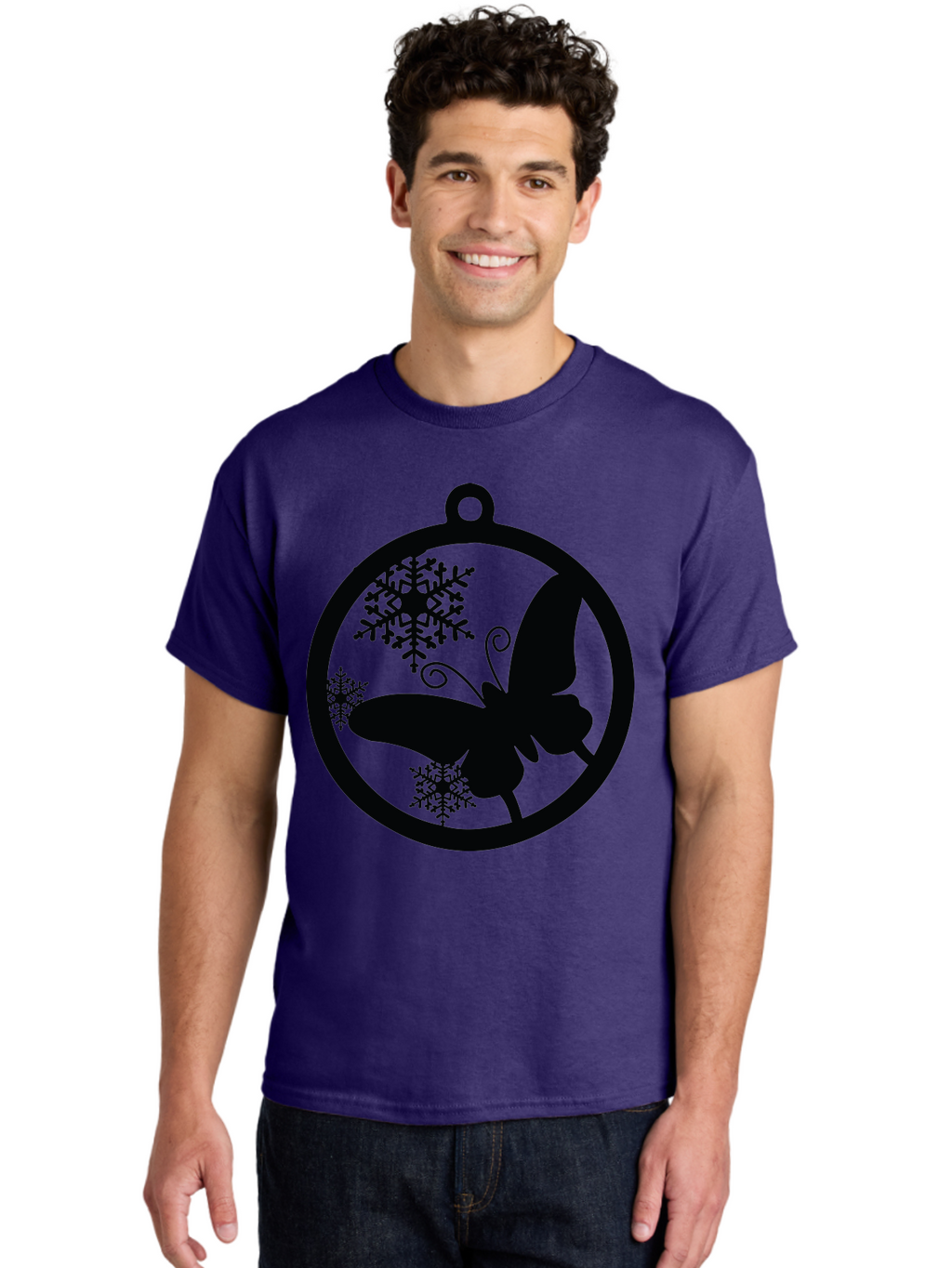 Butterfly-Ornament Men'S Graphic Tee, 100% Cotton, Comfortable Casual Summer Wear, Machine Washable, Butterfly, Snowflakes, Ornament, Winter Decor, Festive Design, Holiday Theme, Delicate Patterns, Intricate Details, Christmas Decoration Aac553