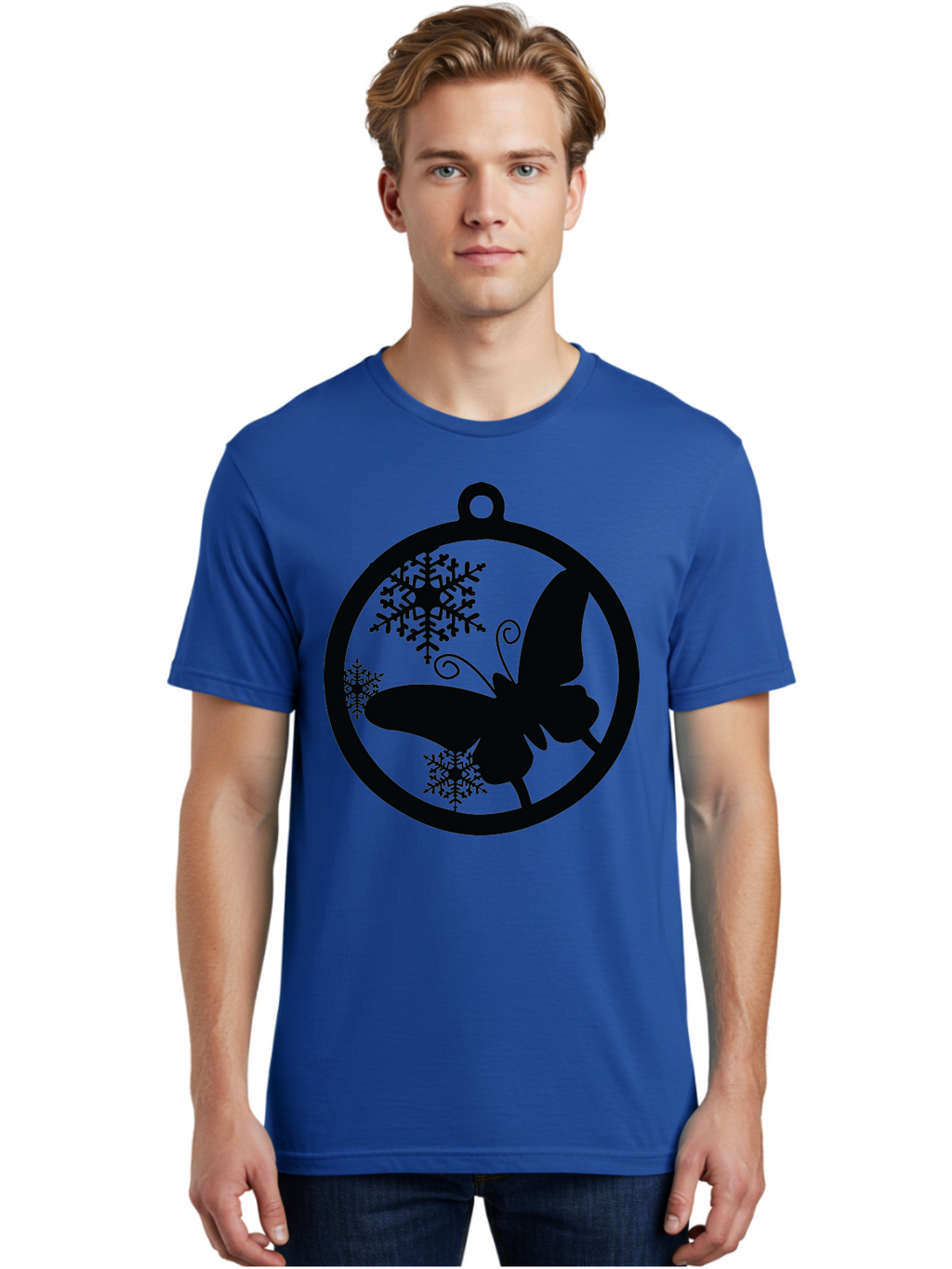 Butterfly-Ornament Men'S Graphic Tee, 100% Cotton, Comfortable Casual Summer Wear, Machine Washable, Butterfly, Snowflakes, Ornament, Winter Decor, Festive Design, Holiday Theme, Delicate Patterns, Intricate Details, Christmas Decoration Aac553