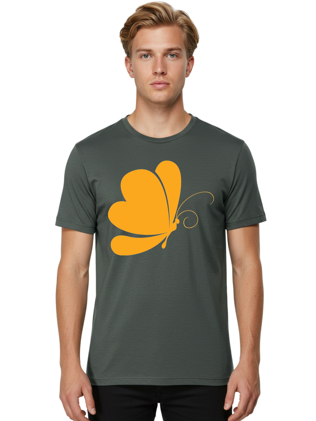Butterfly Men'S Graphic Tee, 100% Cotton, Comfortable Casual Summer Wear, Machine Washable, Orange Butterfly, Minimalist Design, Stylized Insect, Delicate Features, Orange Silhouette, Butterfly Wings, Simple Shapes, Graphic Illustration, Aac554