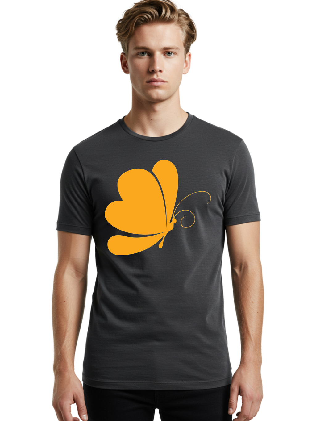Butterfly Men'S Graphic Tee, 100% Cotton, Comfortable Casual Summer Wear, Machine Washable, Orange Butterfly, Minimalist Design, Stylized Insect, Delicate Features, Orange Silhouette, Butterfly Wings, Simple Shapes, Graphic Illustration, Aac554