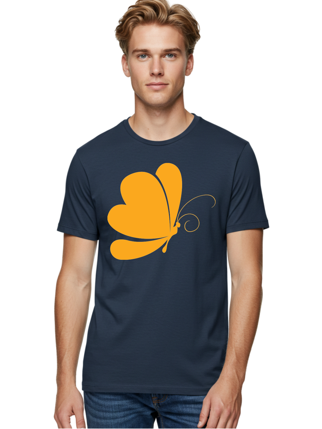 Butterfly Men'S Graphic Tee, 100% Cotton, Comfortable Casual Summer Wear, Machine Washable, Orange Butterfly, Minimalist Design, Stylized Insect, Delicate Features, Orange Silhouette, Butterfly Wings, Simple Shapes, Graphic Illustration, Aac554