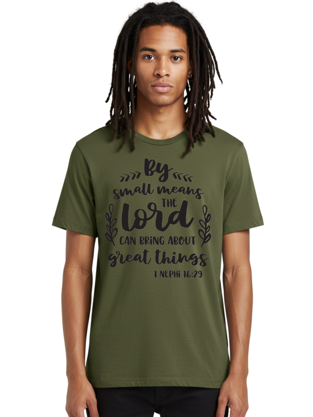 By-Small-Means-The-Lord-Can-Bring-About-Great-Things Men'S Graphic Tee, 100% Cotton, Comfortable Casual Summer Wear, Machine Washable, Inspirational Quote, Motivational Scripture, 1 Nephi 16:29, Small Means Great Things, Lord'S Power, Aac555