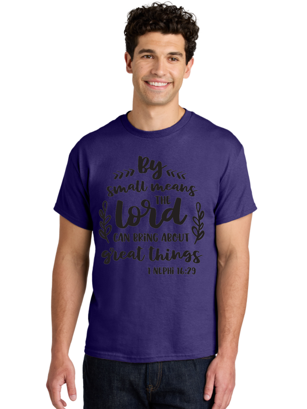 By-Small-Means-The-Lord-Can-Bring-About-Great-Things Men'S Graphic Tee, 100% Cotton, Comfortable Casual Summer Wear, Machine Washable, Inspirational Quote, Motivational Scripture, 1 Nephi 16:29, Small Means Great Things, Lord'S Power, Aac555