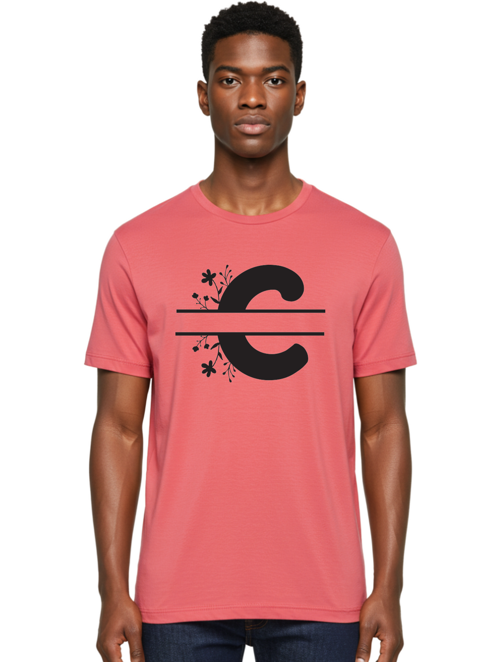 C-1 Men'S Graphic Tee, 100% Cotton, Comfortable Casual Summer Wear, Machine Washable, Black Letter C, Floral Design, Flowers And Foliage, Elegant Typography, Decorative Elements, Simple Yet Sophisticated Aac556