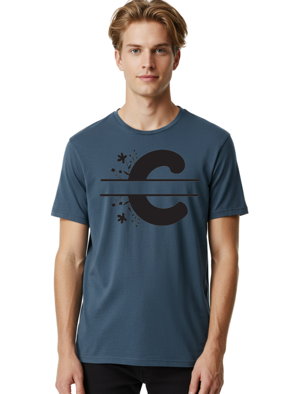 C-1 Men'S Graphic Tee, 100% Cotton, Comfortable Casual Summer Wear, Machine Washable, Black Letter C, Floral Design, Flowers And Foliage, Elegant Typography, Decorative Elements, Simple Yet Sophisticated Aac556