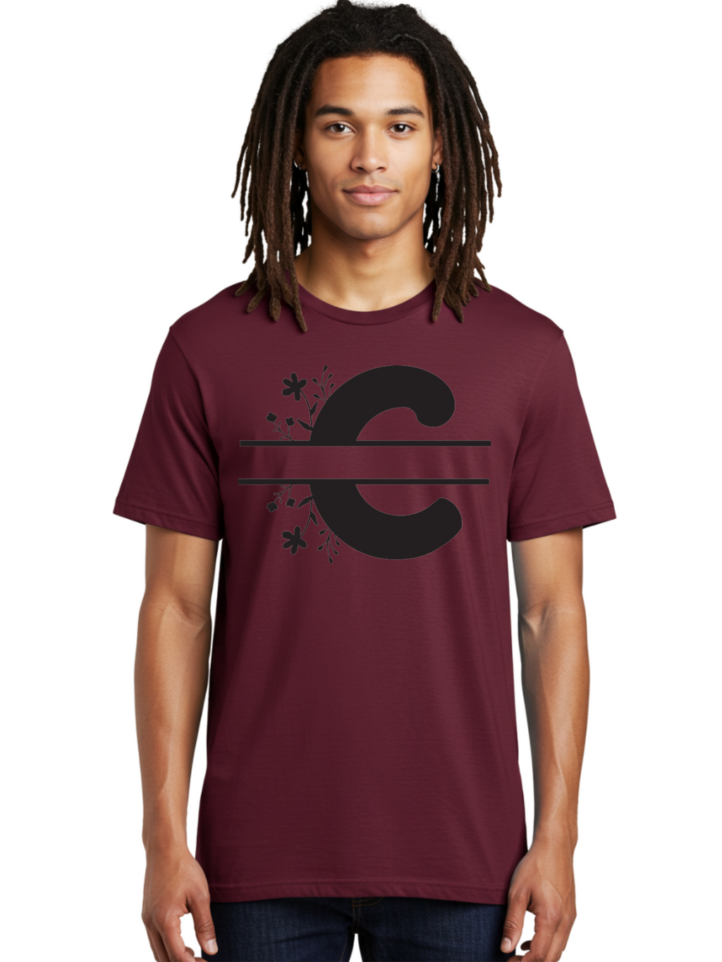 C-1 Men'S Graphic Tee, 100% Cotton, Comfortable Casual Summer Wear, Machine Washable, Black Letter C, Floral Design, Flowers And Foliage, Elegant Typography, Decorative Elements, Simple Yet Sophisticated Aac556