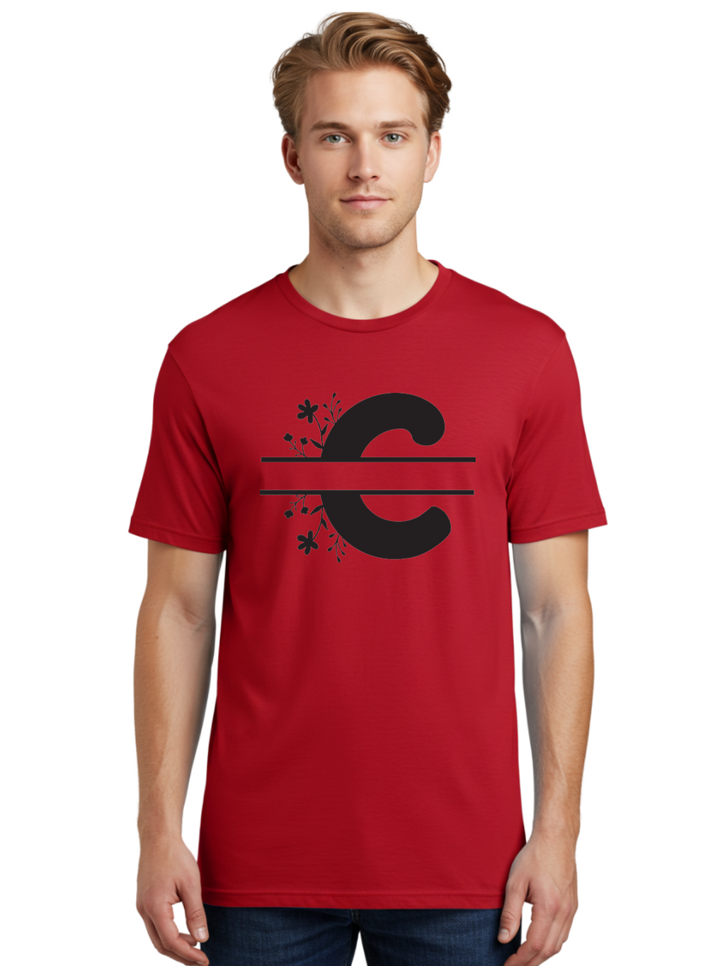 C-1 Men'S Graphic Tee, 100% Cotton, Comfortable Casual Summer Wear, Machine Washable, Black Letter C, Floral Design, Flowers And Foliage, Elegant Typography, Decorative Elements, Simple Yet Sophisticated Aac556