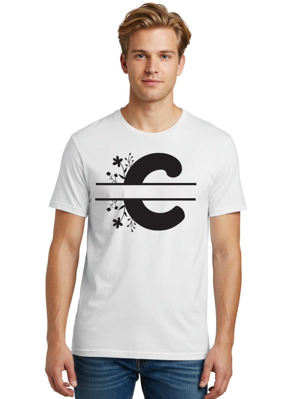 C-1 Men'S Graphic Tee, 100% Cotton, Comfortable Casual Summer Wear, Machine Washable, Black Letter C, Floral Design, Flowers And Foliage, Elegant Typography, Decorative Elements, Simple Yet Sophisticated Aac556