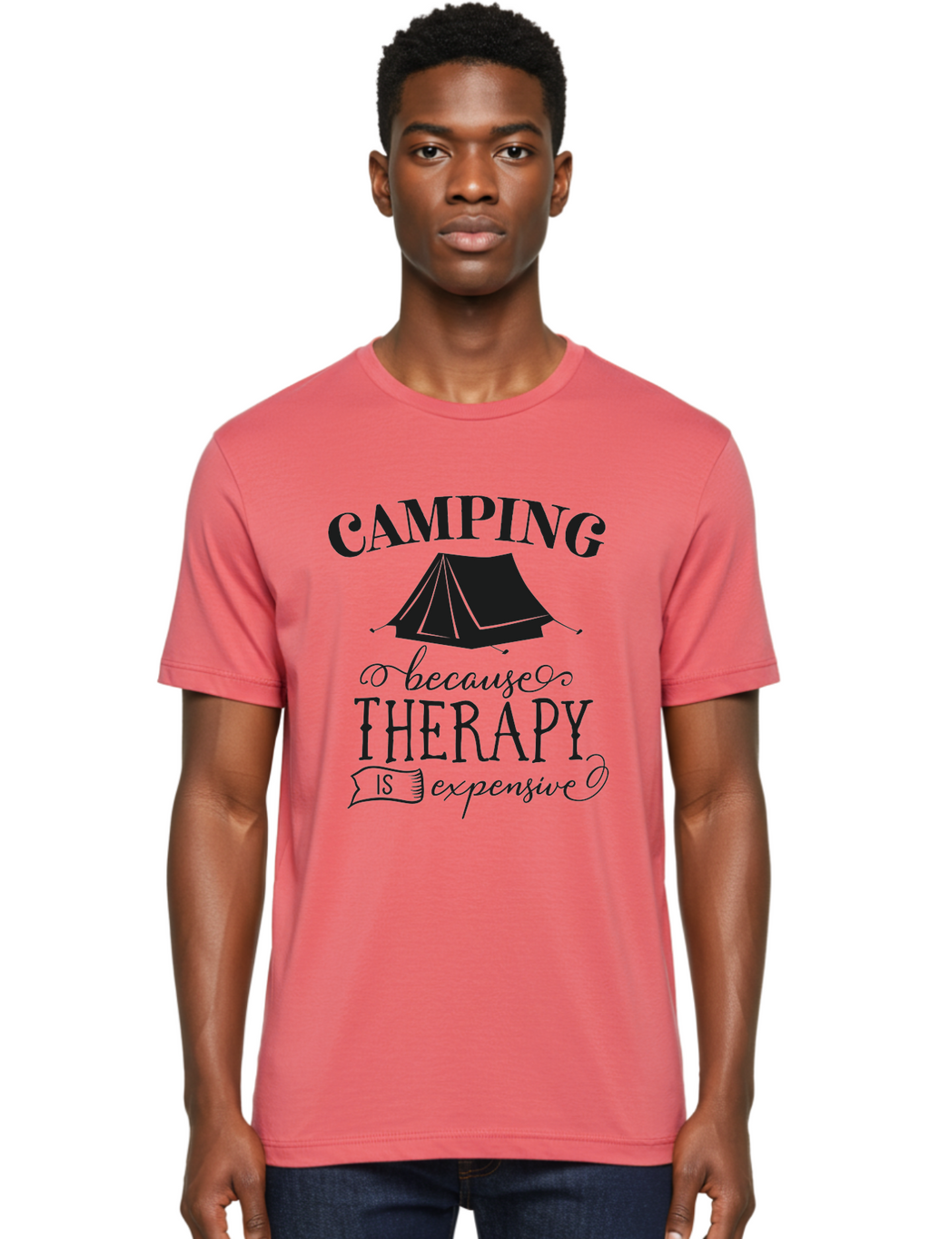 Camping-Because-Therapy-Is-Expensive Men'S Graphic Tee, 100% Cotton, Comfortable Casual Summer Wear, Machine Washable, Camping Quotes, Outdoor Adventures, Therapy Alternatives, Humorous Sayings, Camping Humor, Wellness Retreats, Aac559