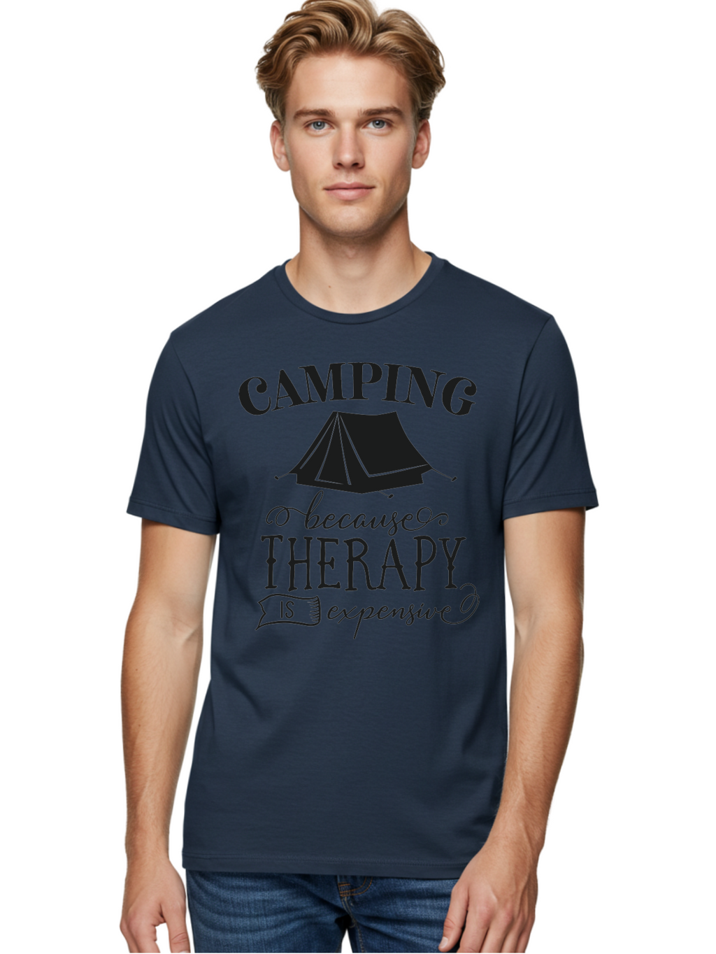 Camping-Because-Therapy-Is-Expensive Men'S Graphic Tee, 100% Cotton, Comfortable Casual Summer Wear, Machine Washable, Camping Quotes, Outdoor Adventures, Therapy Alternatives, Humorous Sayings, Camping Humor, Wellness Retreats, Aac559