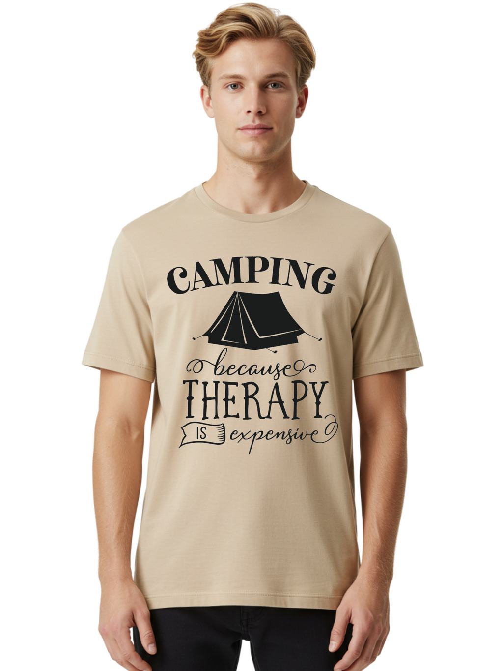 Camping-Because-Therapy-Is-Expensive Men'S Graphic Tee, 100% Cotton, Comfortable Casual Summer Wear, Machine Washable, Camping Quotes, Outdoor Adventures, Therapy Alternatives, Humorous Sayings, Camping Humor, Wellness Retreats, Aac559