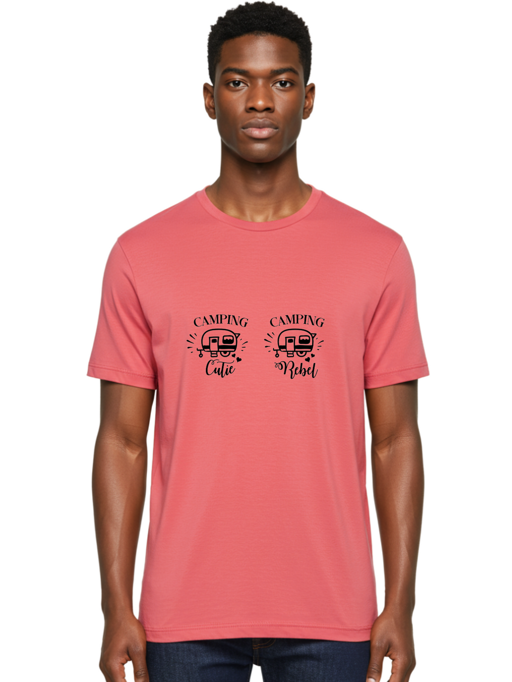 Camping-Cutie-Camping-Rebel Men'S Graphic Tee, 100% Cotton, Comfortable Casual Summer Wear, Machine Washable, Camping Cutie, Camping Rebel, Camper Illustrations, Caravan Graphics, Outdoor Adventure, Travel, Rv, Hearts, Cursive Font Aac560
