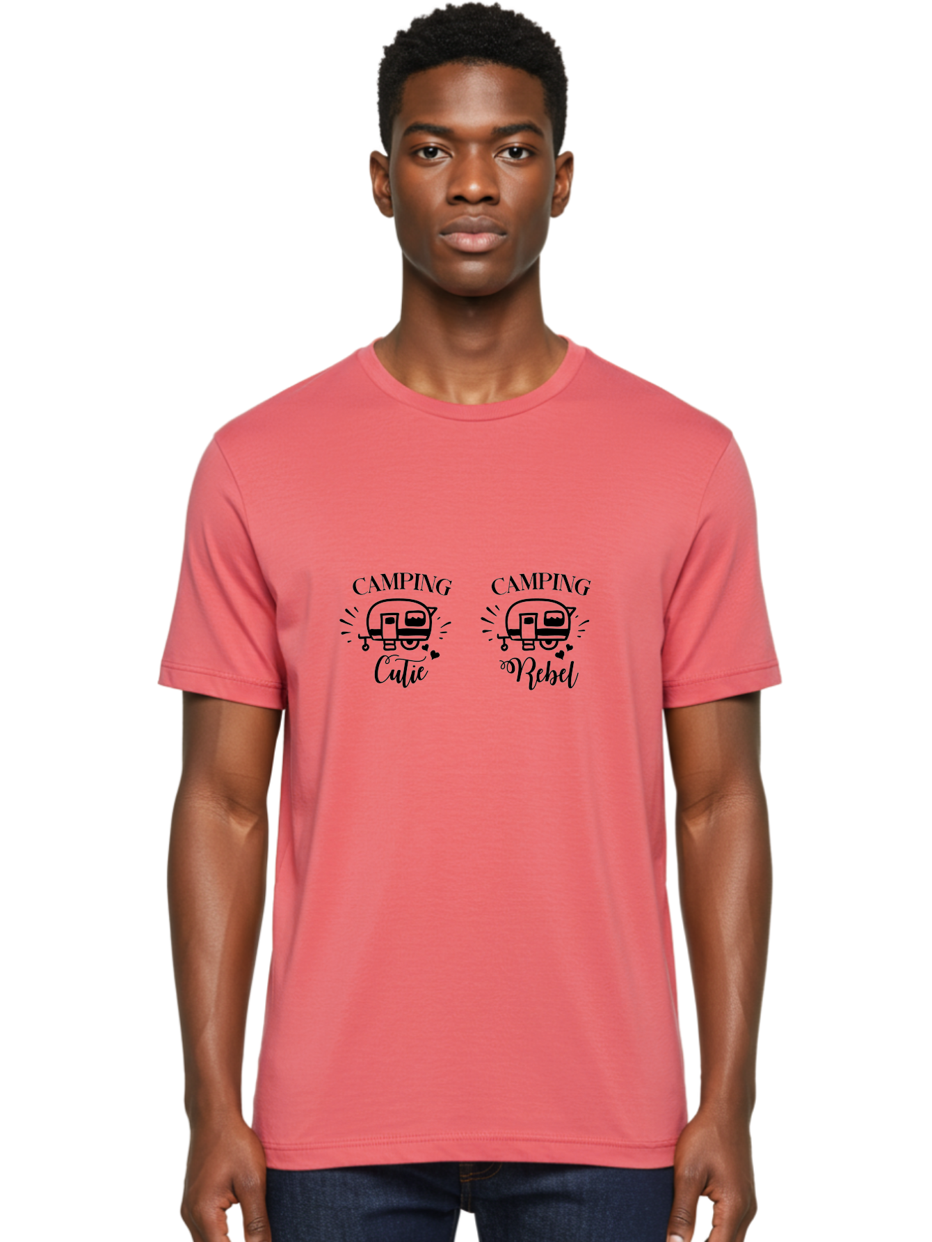 Camping-Cutie-Camping-Rebel Men'S Graphic Tee, 100% Cotton, Comfortable Casual Summer Wear, Machine Washable, Camping Cutie, Camping Rebel, Camper Illustrations, Caravan Graphics, Outdoor Adventure, Travel, Rv, Hearts, Cursive Font Aac560