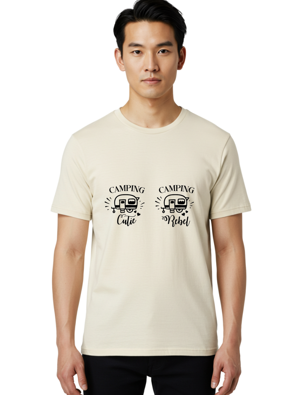 Camping-Cutie-Camping-Rebel Men'S Graphic Tee, 100% Cotton, Comfortable Casual Summer Wear, Machine Washable, Camping Cutie, Camping Rebel, Camper Illustrations, Caravan Graphics, Outdoor Adventure, Travel, Rv, Hearts, Cursive Font Aac560