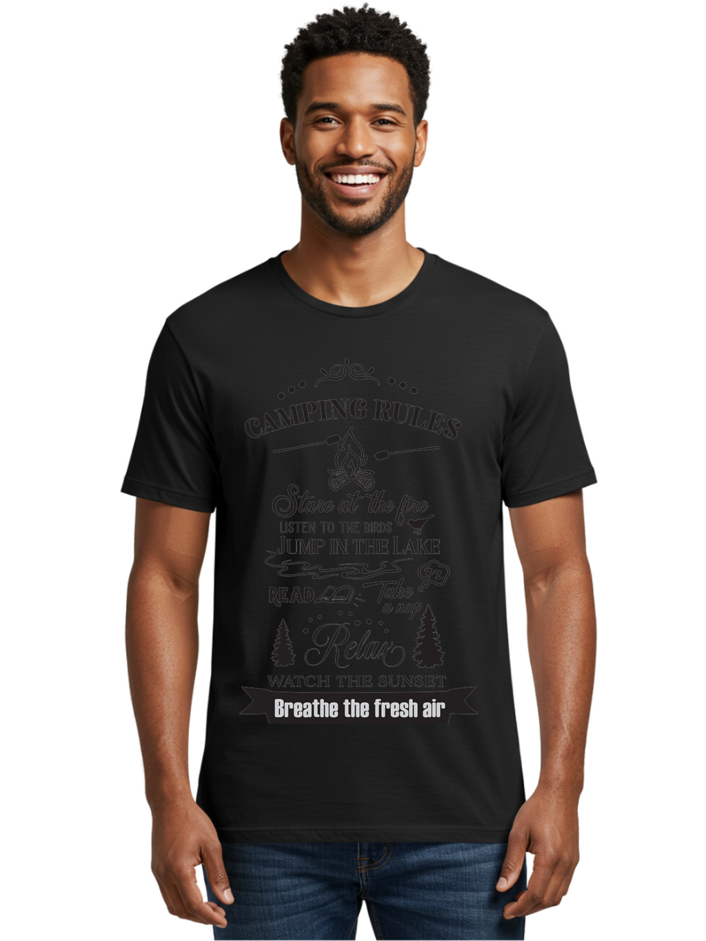 Camping-Rules Men'S Graphic Tee, 100% Cotton, Comfortable Casual Summer Wear, Machine Washable, Camping Rules, Outdoor Activities, Camping Tips, Nature Lovers, Relaxation Techniques, Campfire, Lake, Reading, Napping, Sunset Watching, Fresh Air Aac561