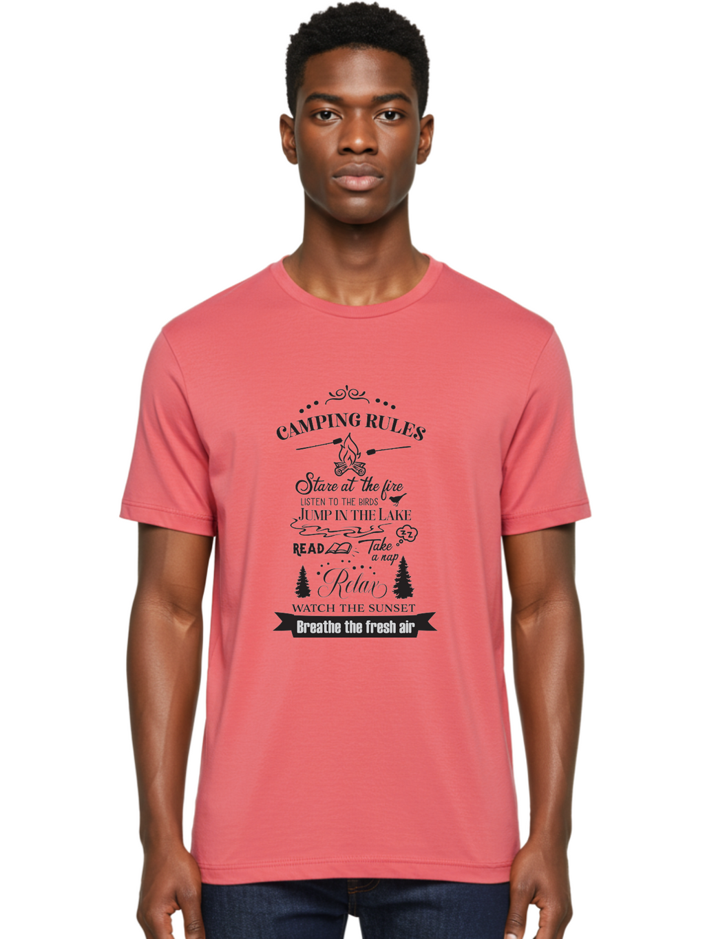Camping-Rules Men'S Graphic Tee, 100% Cotton, Comfortable Casual Summer Wear, Machine Washable, Camping Rules, Outdoor Activities, Camping Tips, Nature Lovers, Relaxation Techniques, Campfire, Lake, Reading, Napping, Sunset Watching, Fresh Air Aac561