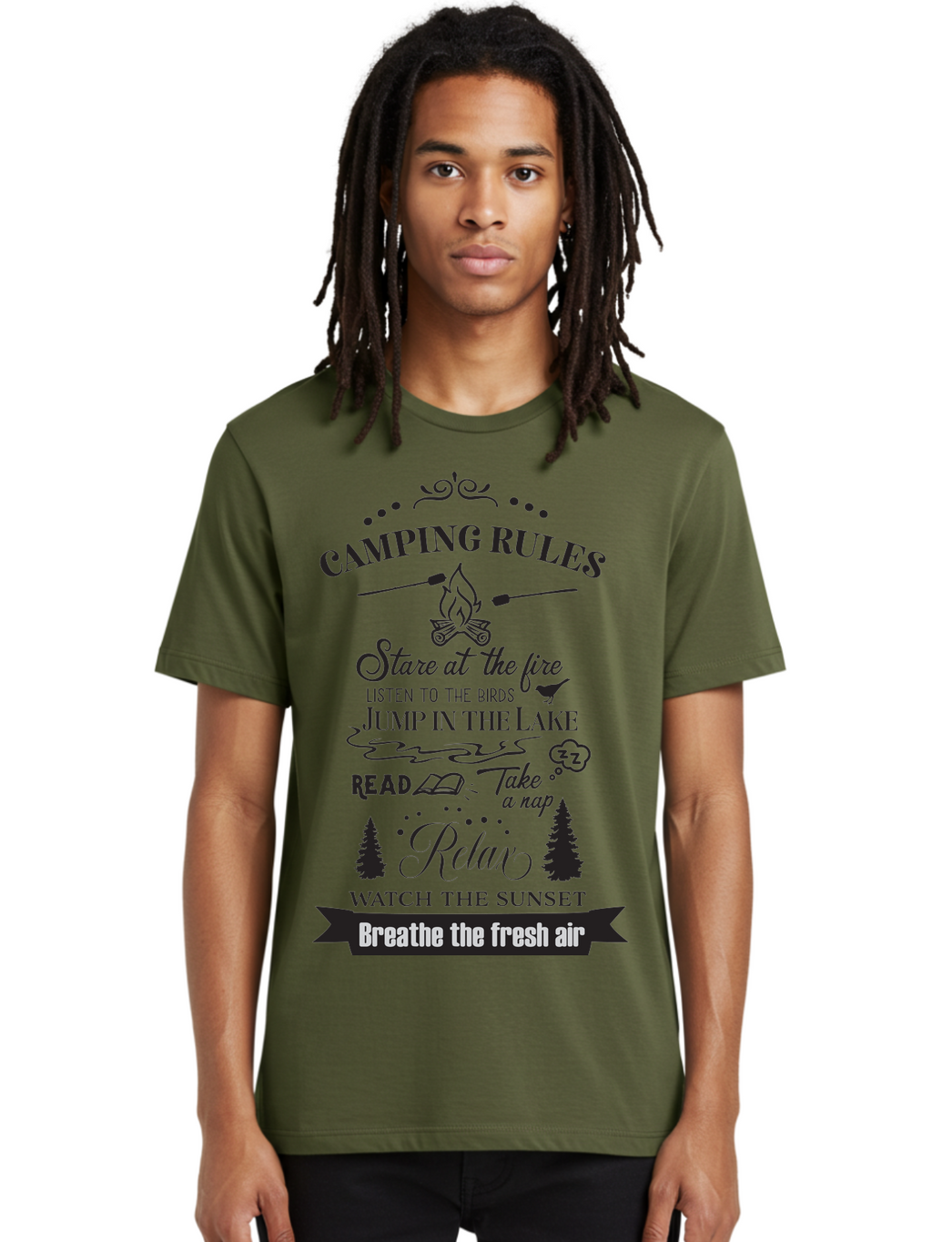 Camping-Rules Men'S Graphic Tee, 100% Cotton, Comfortable Casual Summer Wear, Machine Washable, Camping Rules, Outdoor Activities, Camping Tips, Nature Lovers, Relaxation Techniques, Campfire, Lake, Reading, Napping, Sunset Watching, Fresh Air Aac561