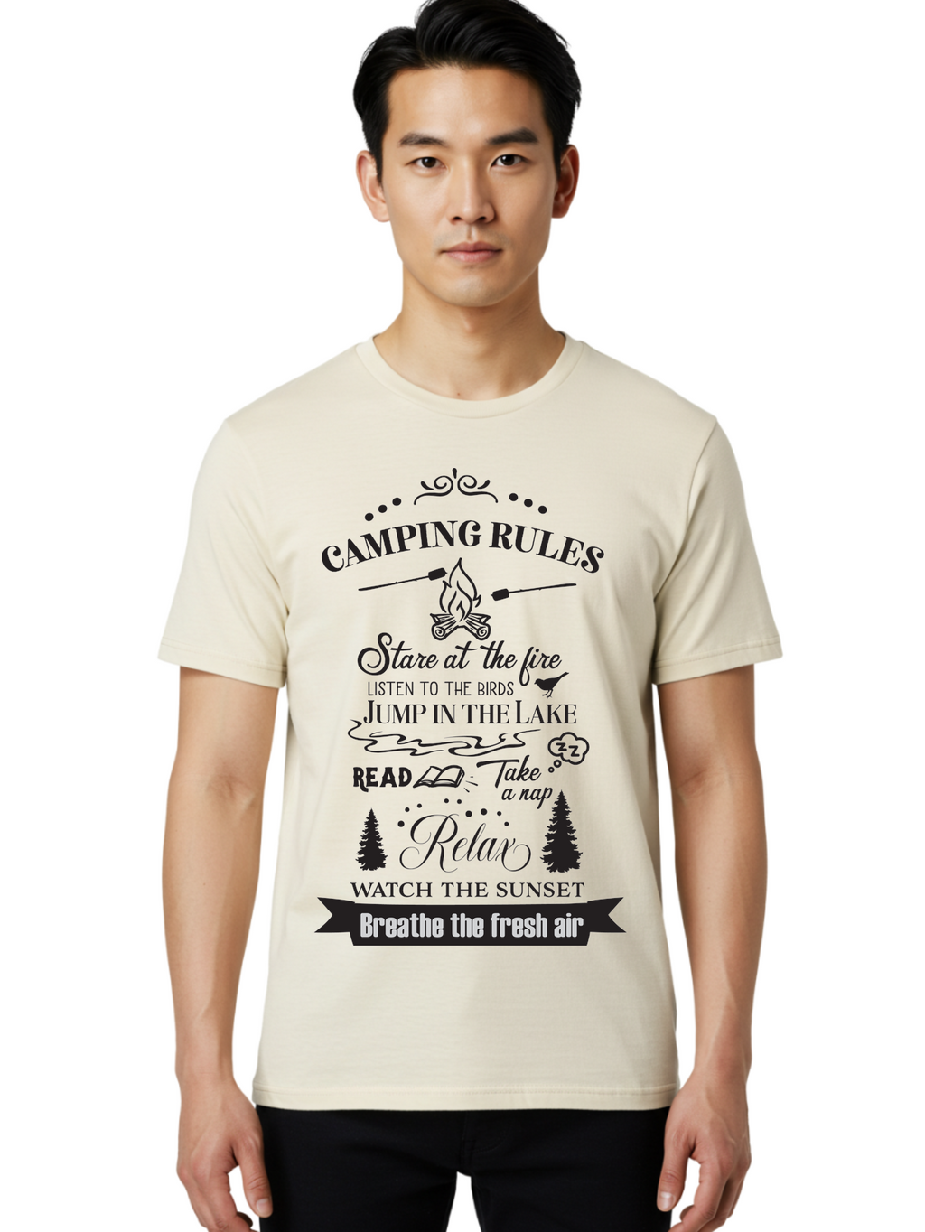 Camping-Rules Men'S Graphic Tee, 100% Cotton, Comfortable Casual Summer Wear, Machine Washable, Camping Rules, Outdoor Activities, Camping Tips, Nature Lovers, Relaxation Techniques, Campfire, Lake, Reading, Napping, Sunset Watching, Fresh Air Aac561
