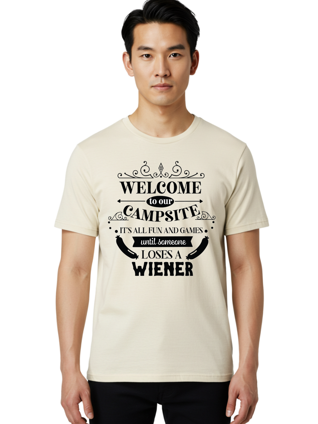 Campsite-Sign Men'S Graphic Tee, 100% Cotton, Comfortable Casual Summer Wear, Machine Washable, Camping Humor, Funny Quote, Wiener Joke, Outdoor Adventure, Campsite Welcome, Summer Fun, Playful Saying, Witty Humor, Camping Quote Aac562
