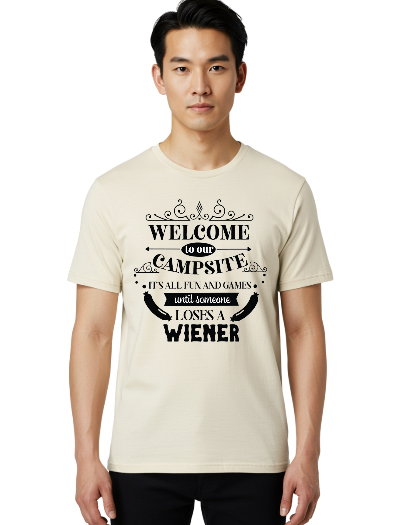 Campsite-Sign Men'S Graphic Tee, 100% Cotton, Comfortable Casual Summer Wear, Machine Washable, Camping Humor, Funny Quote, Wiener Joke, Outdoor Adventure, Campsite Welcome, Summer Fun, Playful Saying, Witty Humor, Camping Quote Aac562