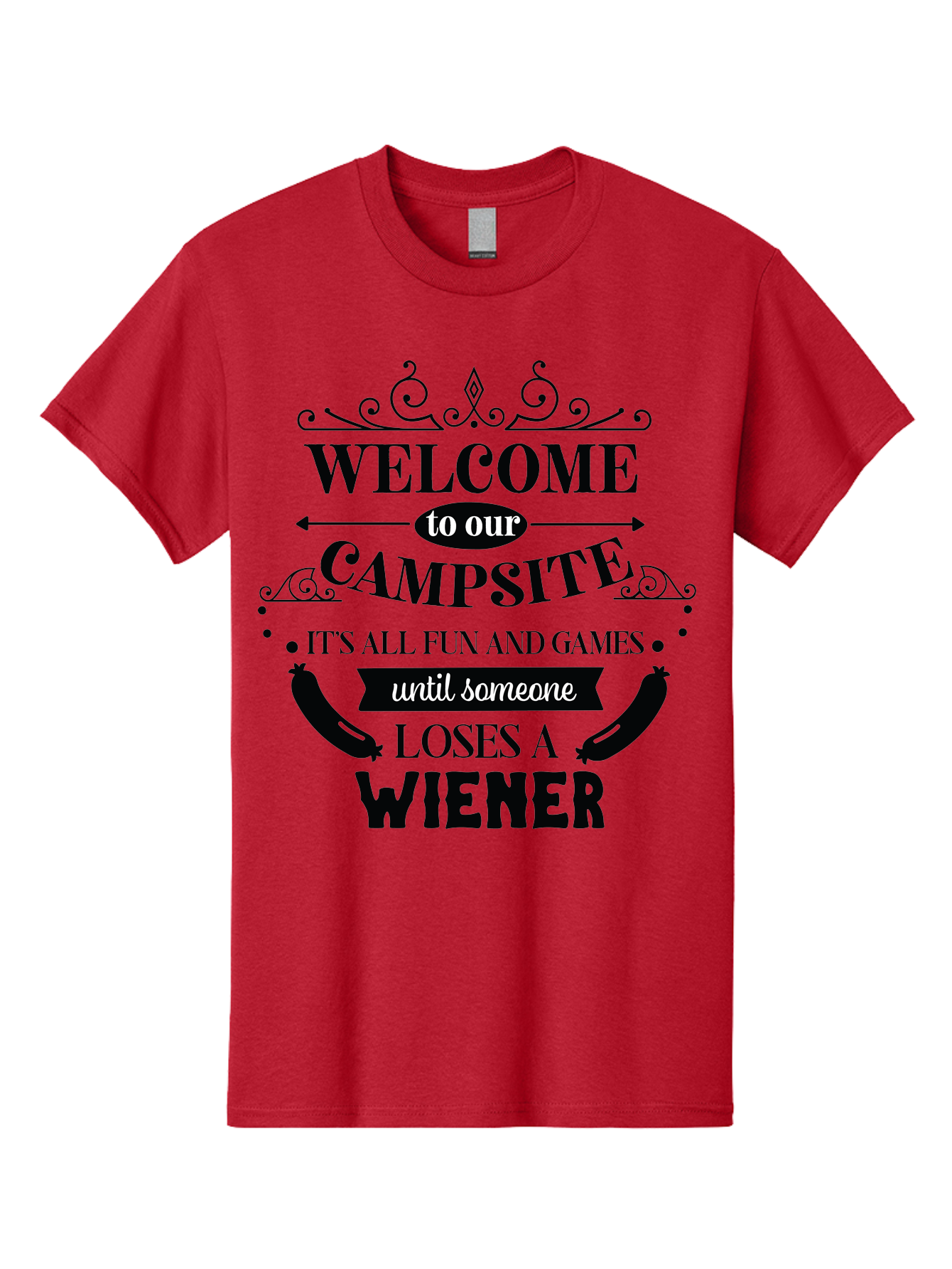 Campsite-Sign Men'S Graphic Tee, 100% Cotton, Comfortable Casual Summer Wear, Machine Washable, Camping Humor, Funny Quote, Wiener Joke, Outdoor Adventure, Campsite Welcome, Summer Fun, Playful Saying, Witty Humor, Camping Quote Aac562