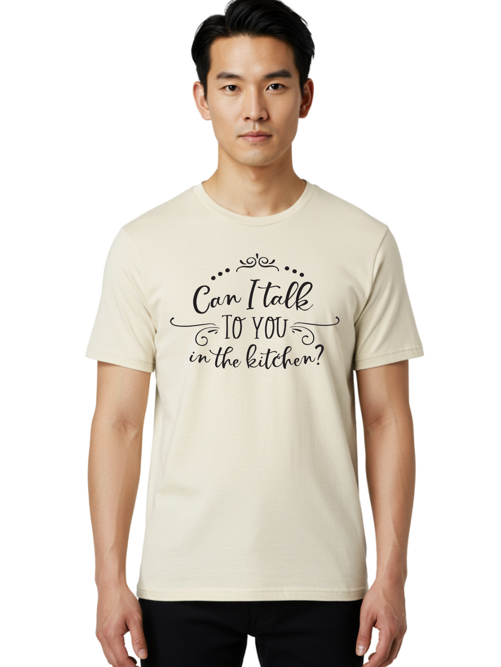 Can-I-Talk-To-You-In-The-Kitchen Men'S Graphic Tee, 100% Cotton, Comfortable Casual Summer Wear, Machine Washable, Kitchen Quote, Kitchen Phrase, Kitchen Decor, Kitchen Sign, Kitchen Wall Art, Elegant Script, Decorative Swirls, Dot Design, Aac563
