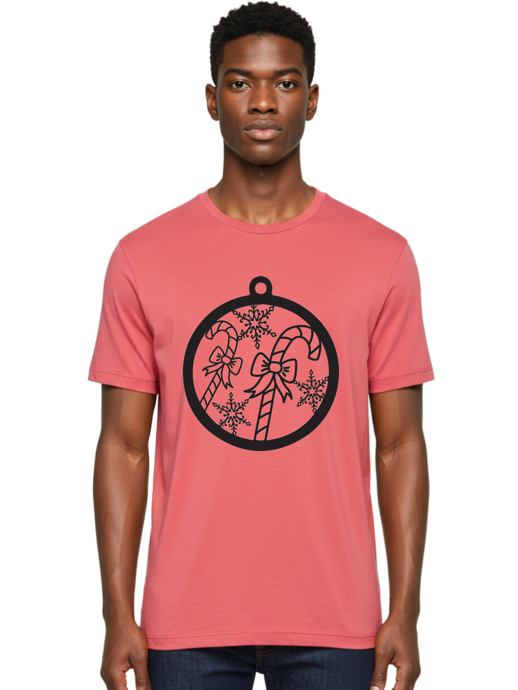 Candy-Canes-Ornament Men'S Graphic Tee, 100% Cotton, Comfortable Casual Summer Wear, Machine Washable, Candy Canes With Bows, Christmas Ornaments, Festive Holiday Decor, Winter Wonderland Theme, Snowflakes, Holiday Cheer, Aac566