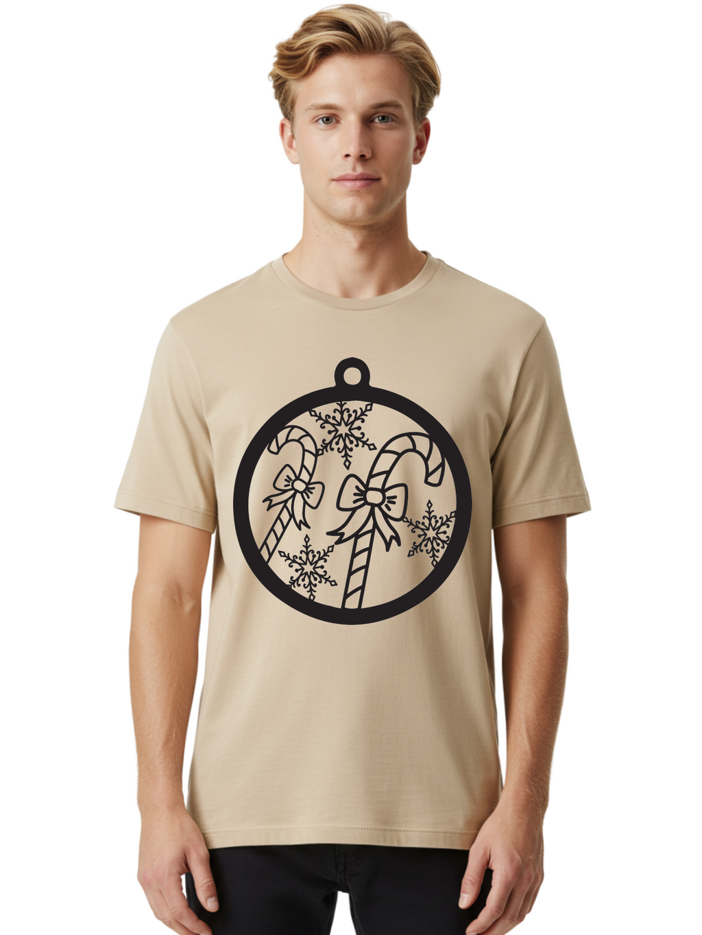 Candy-Canes-Ornament Men'S Graphic Tee, 100% Cotton, Comfortable Casual Summer Wear, Machine Washable, Candy Canes With Bows, Christmas Ornaments, Festive Holiday Decor, Winter Wonderland Theme, Snowflakes, Holiday Cheer, Aac566