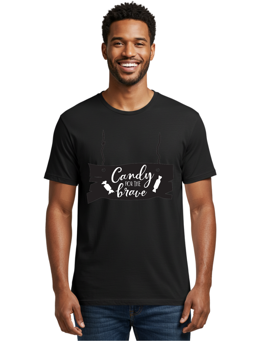 Candy-For-The-Brave Men'S Graphic Tee, 100% Cotton, Comfortable Casual Summer Wear, Machine Washable, Halloween Candy, Trick Or Treat, Spooky Decorations, White Cursive Text, Ghost And Candy Illustration, Black Wooden Sign, Horror Theme, Aac567