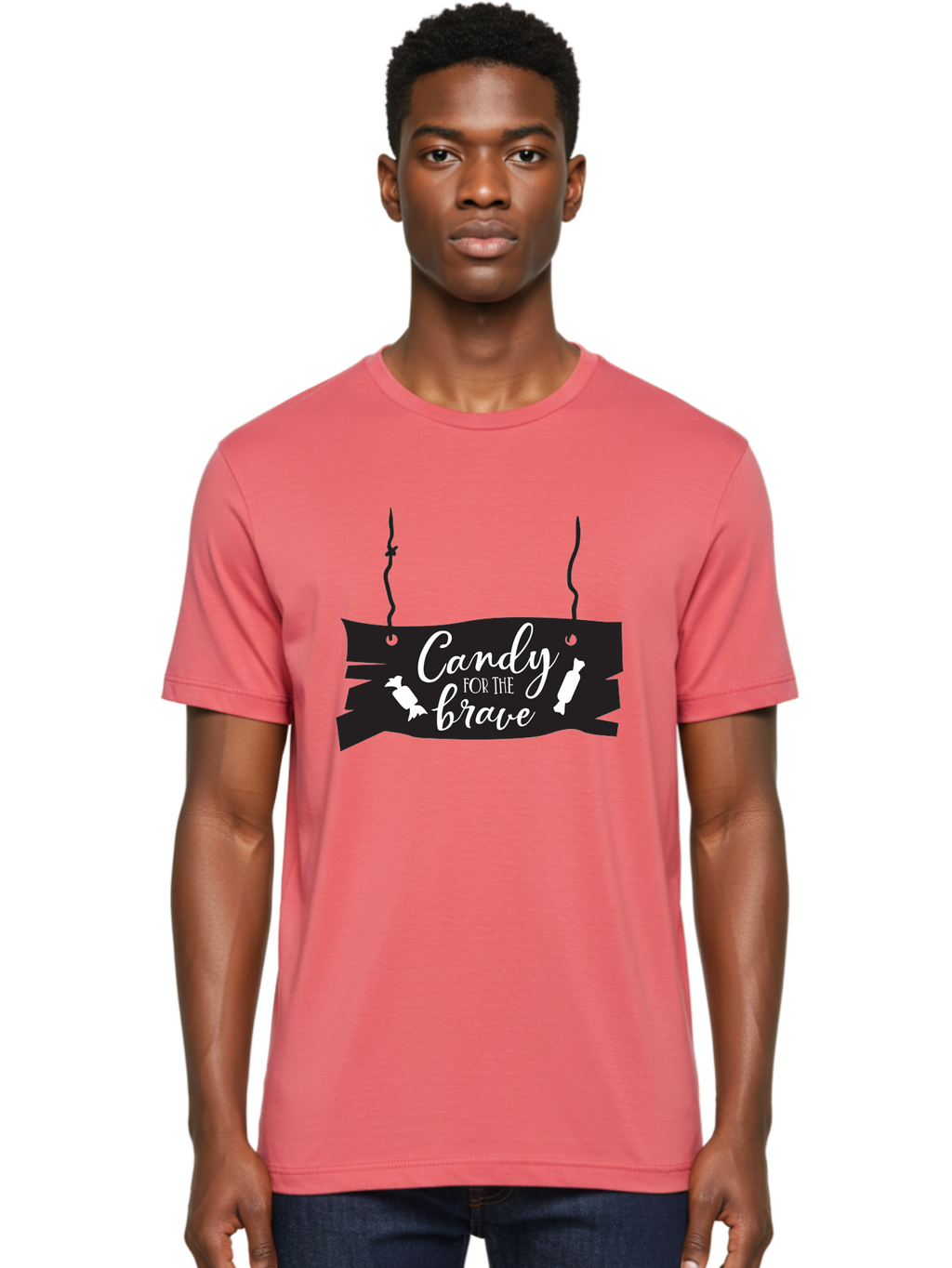 Candy-For-The-Brave Men'S Graphic Tee, 100% Cotton, Comfortable Casual Summer Wear, Machine Washable, Halloween Candy, Trick Or Treat, Spooky Decorations, White Cursive Text, Ghost And Candy Illustration, Black Wooden Sign, Horror Theme, Aac567