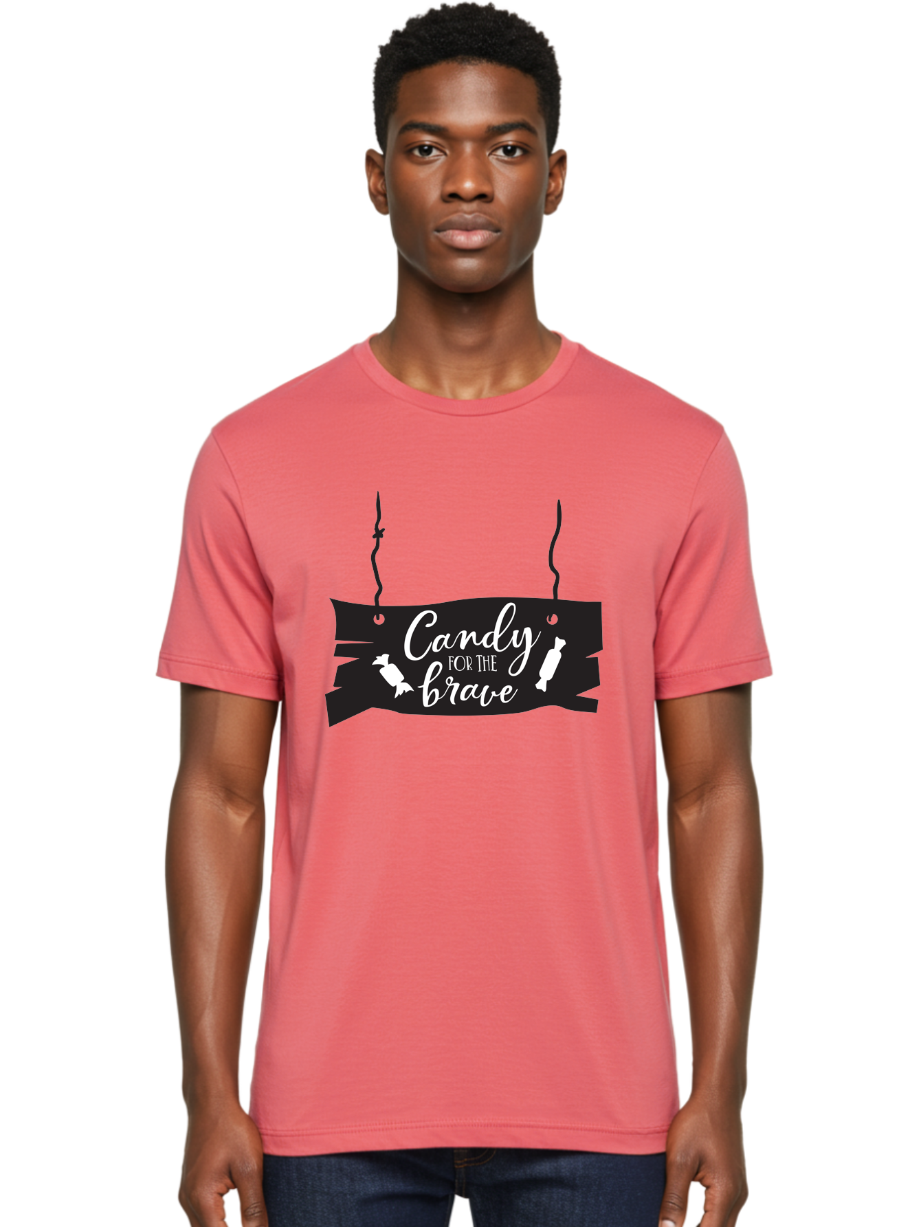 Candy-For-The-Brave Men'S Graphic Tee, 100% Cotton, Comfortable Casual Summer Wear, Machine Washable, Halloween Candy, Trick Or Treat, Spooky Decorations, White Cursive Text, Ghost And Candy Illustration, Black Wooden Sign, Horror Theme, Aac567