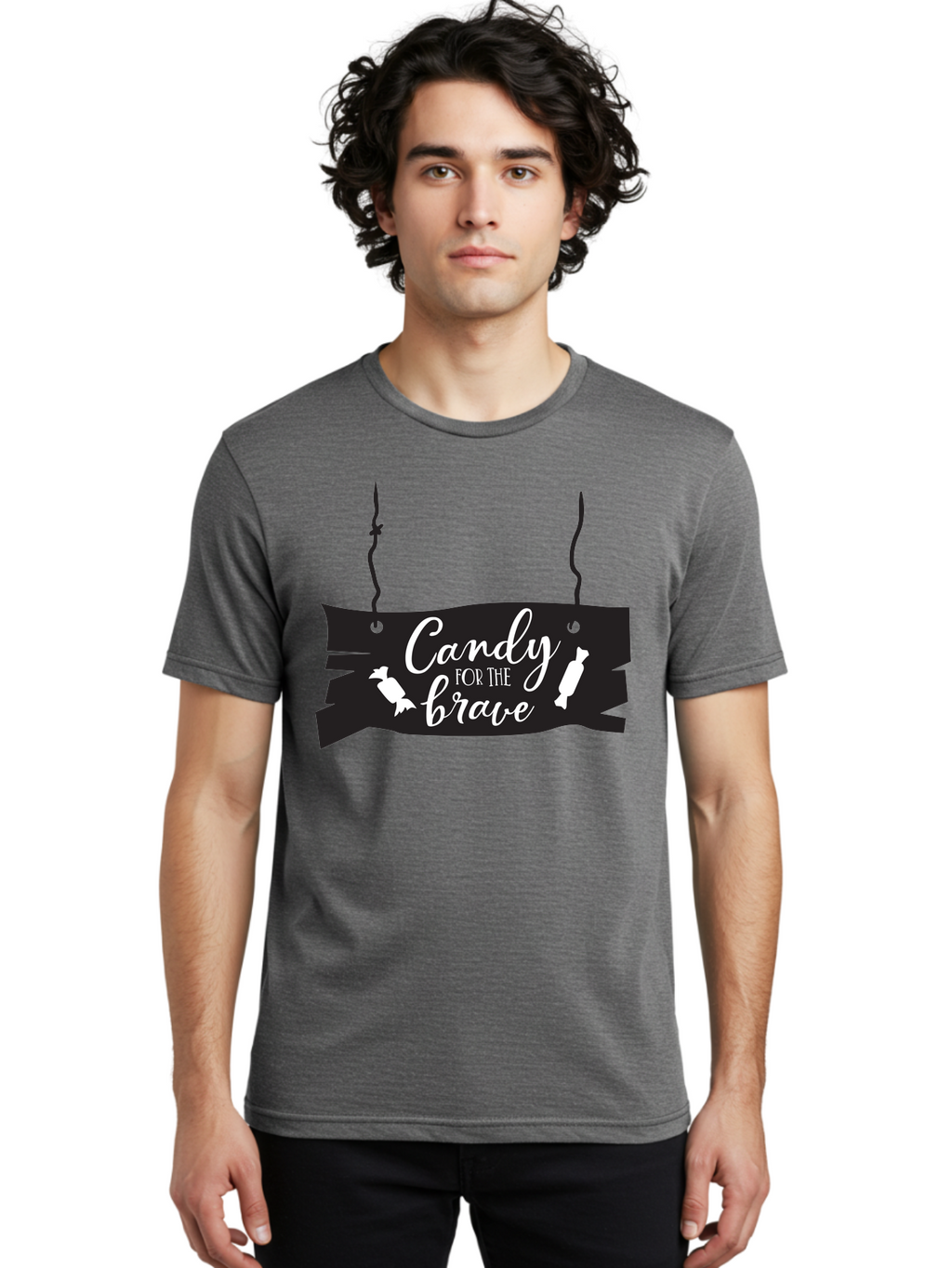 Candy-For-The-Brave Men'S Graphic Tee, 100% Cotton, Comfortable Casual Summer Wear, Machine Washable, Halloween Candy, Trick Or Treat, Spooky Decorations, White Cursive Text, Ghost And Candy Illustration, Black Wooden Sign, Horror Theme, Aac567