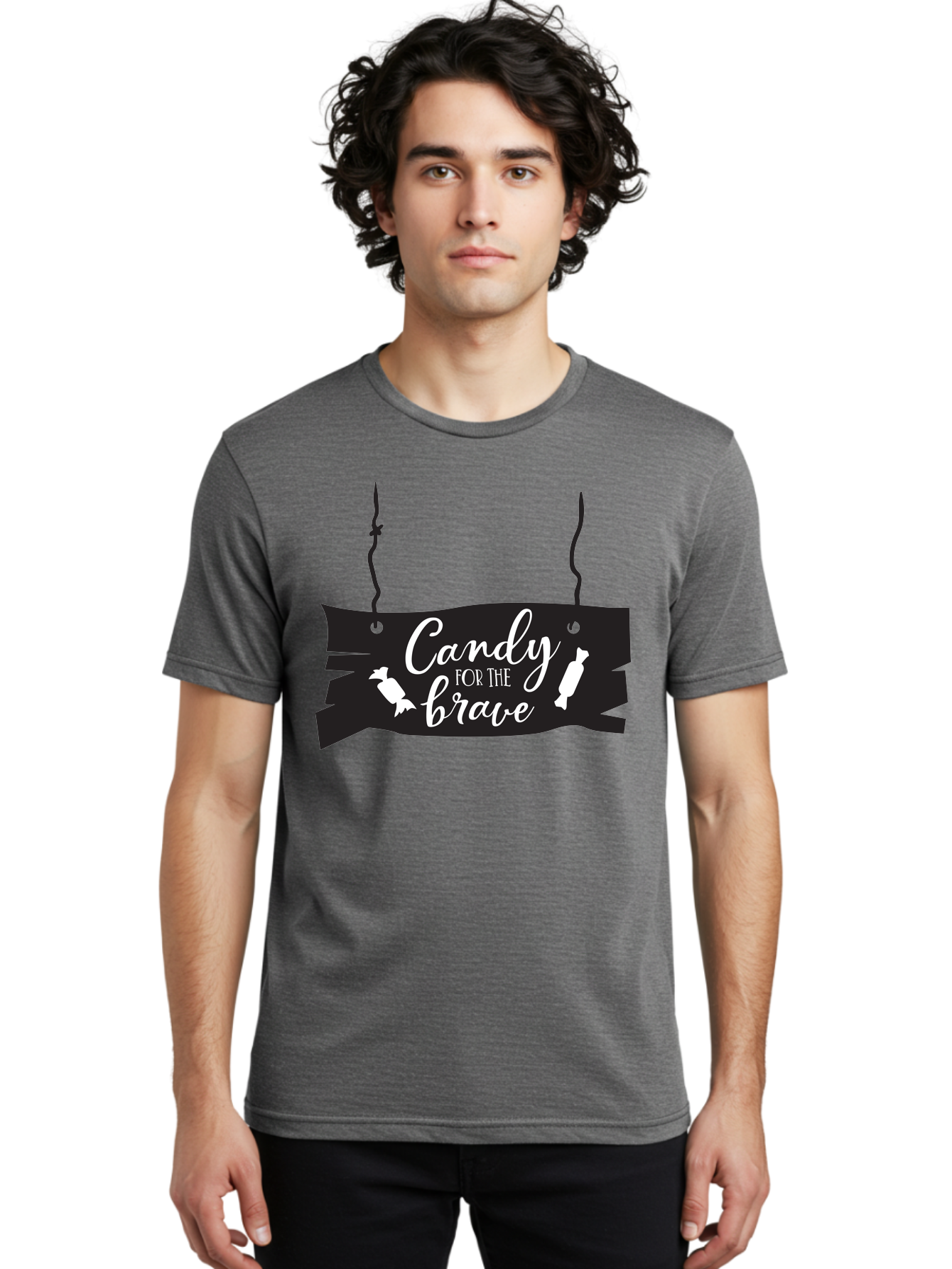 Candy-For-The-Brave Men'S Graphic Tee, 100% Cotton, Comfortable Casual Summer Wear, Machine Washable, Halloween Candy, Trick Or Treat, Spooky Decorations, White Cursive Text, Ghost And Candy Illustration, Black Wooden Sign, Horror Theme, Aac567
