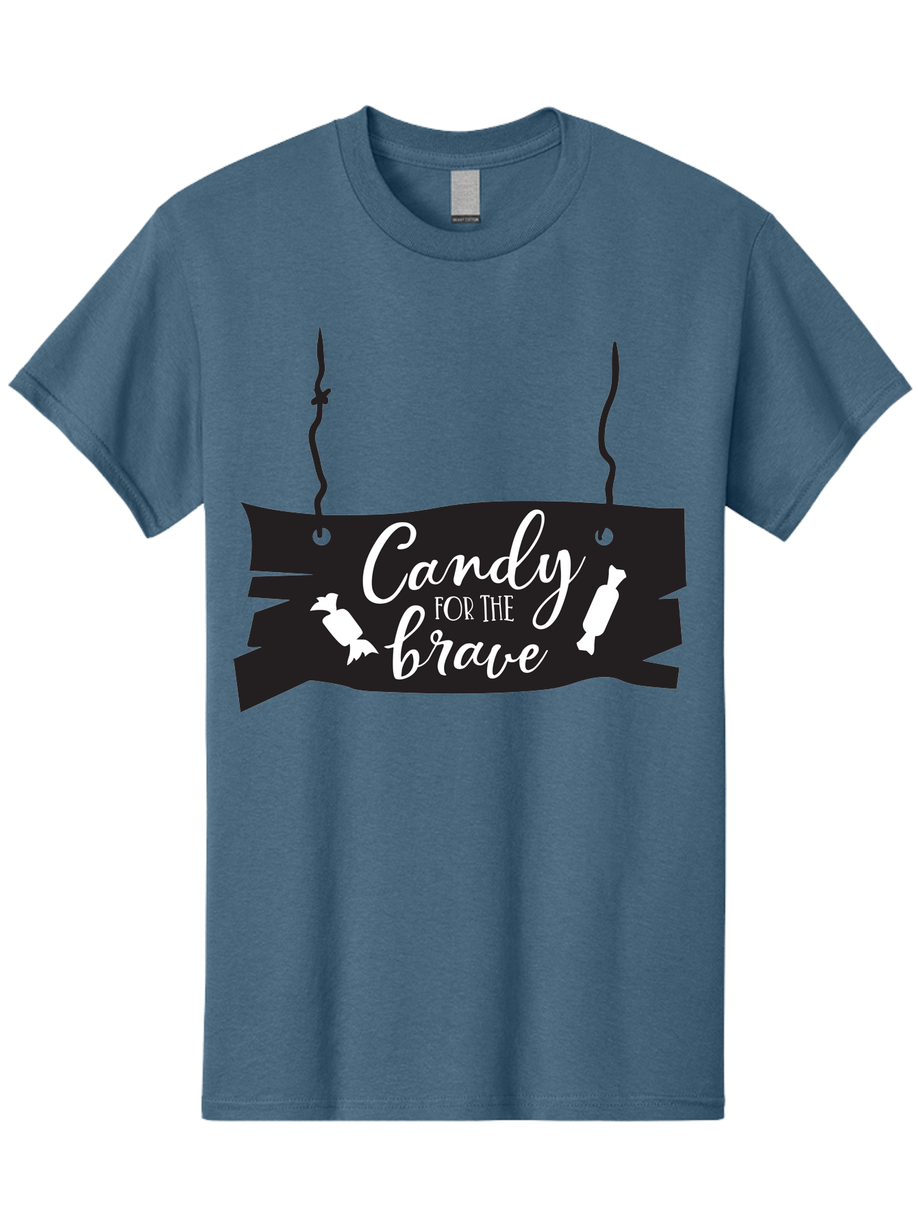 Candy-For-The-Brave Men'S Graphic Tee, 100% Cotton, Comfortable Casual Summer Wear, Machine Washable, Halloween Candy, Trick Or Treat, Spooky Decorations, White Cursive Text, Ghost And Candy Illustration, Black Wooden Sign, Horror Theme, Aac567