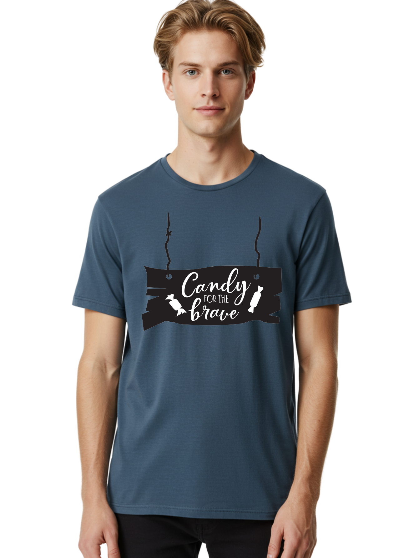 Candy-For-The-Brave Men'S Graphic Tee, 100% Cotton, Comfortable Casual Summer Wear, Machine Washable, Halloween Candy, Trick Or Treat, Spooky Decorations, White Cursive Text, Ghost And Candy Illustration, Black Wooden Sign, Horror Theme, Aac567