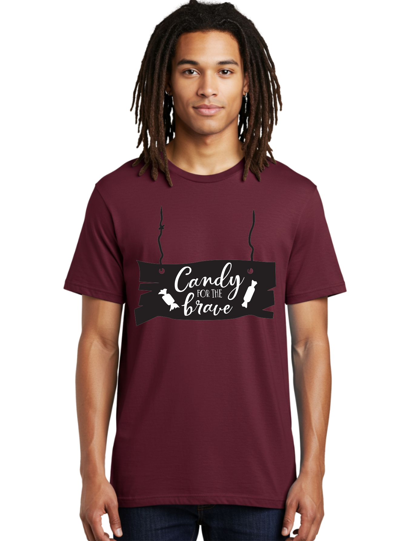 Candy-For-The-Brave Men'S Graphic Tee, 100% Cotton, Comfortable Casual Summer Wear, Machine Washable, Halloween Candy, Trick Or Treat, Spooky Decorations, White Cursive Text, Ghost And Candy Illustration, Black Wooden Sign, Horror Theme, Aac567