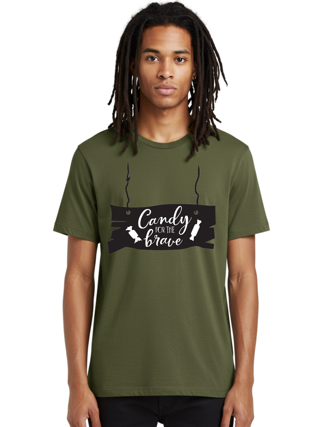 Candy-For-The-Brave Men'S Graphic Tee, 100% Cotton, Comfortable Casual Summer Wear, Machine Washable, Halloween Candy, Trick Or Treat, Spooky Decorations, White Cursive Text, Ghost And Candy Illustration, Black Wooden Sign, Horror Theme, Aac567