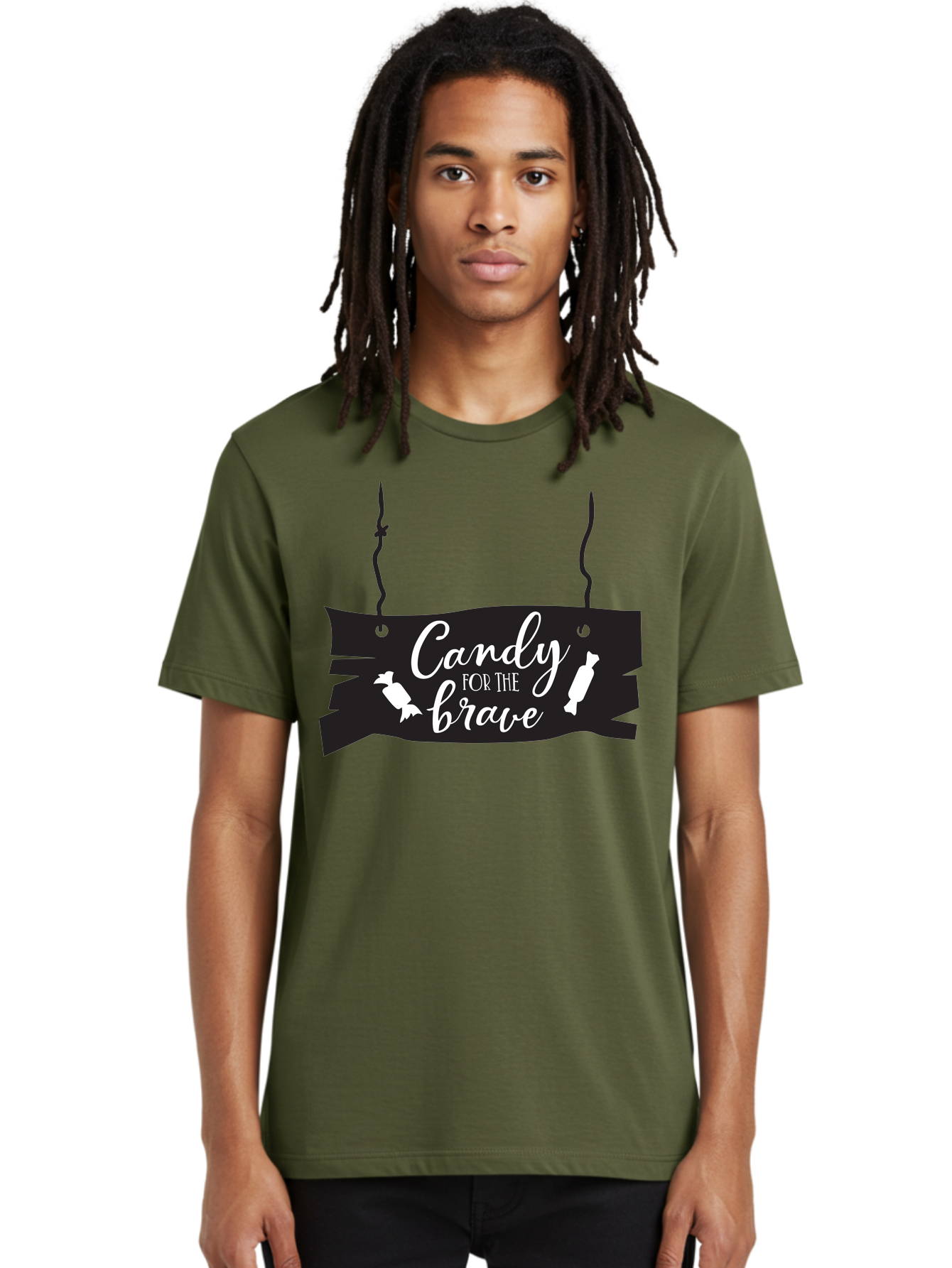 Candy-For-The-Brave Men'S Graphic Tee, 100% Cotton, Comfortable Casual Summer Wear, Machine Washable, Halloween Candy, Trick Or Treat, Spooky Decorations, White Cursive Text, Ghost And Candy Illustration, Black Wooden Sign, Horror Theme, Aac567