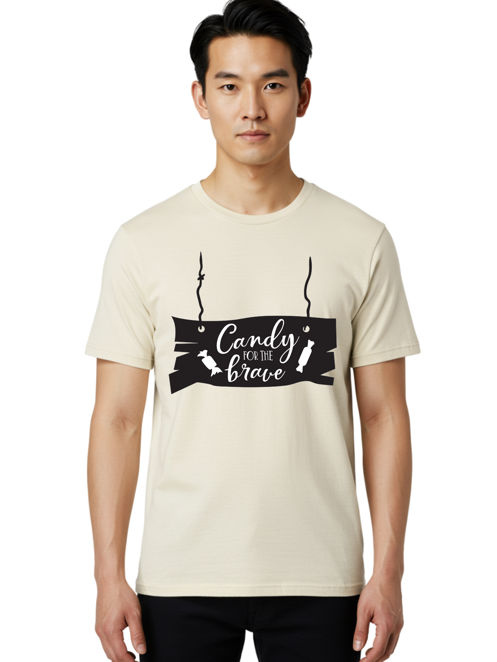 Candy-For-The-Brave Men'S Graphic Tee, 100% Cotton, Comfortable Casual Summer Wear, Machine Washable, Halloween Candy, Trick Or Treat, Spooky Decorations, White Cursive Text, Ghost And Candy Illustration, Black Wooden Sign, Horror Theme, Aac567