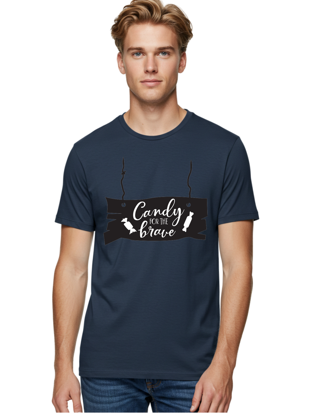 Candy-For-The-Brave Men'S Graphic Tee, 100% Cotton, Comfortable Casual Summer Wear, Machine Washable, Halloween Candy, Trick Or Treat, Spooky Decorations, White Cursive Text, Ghost And Candy Illustration, Black Wooden Sign, Horror Theme, Aac567