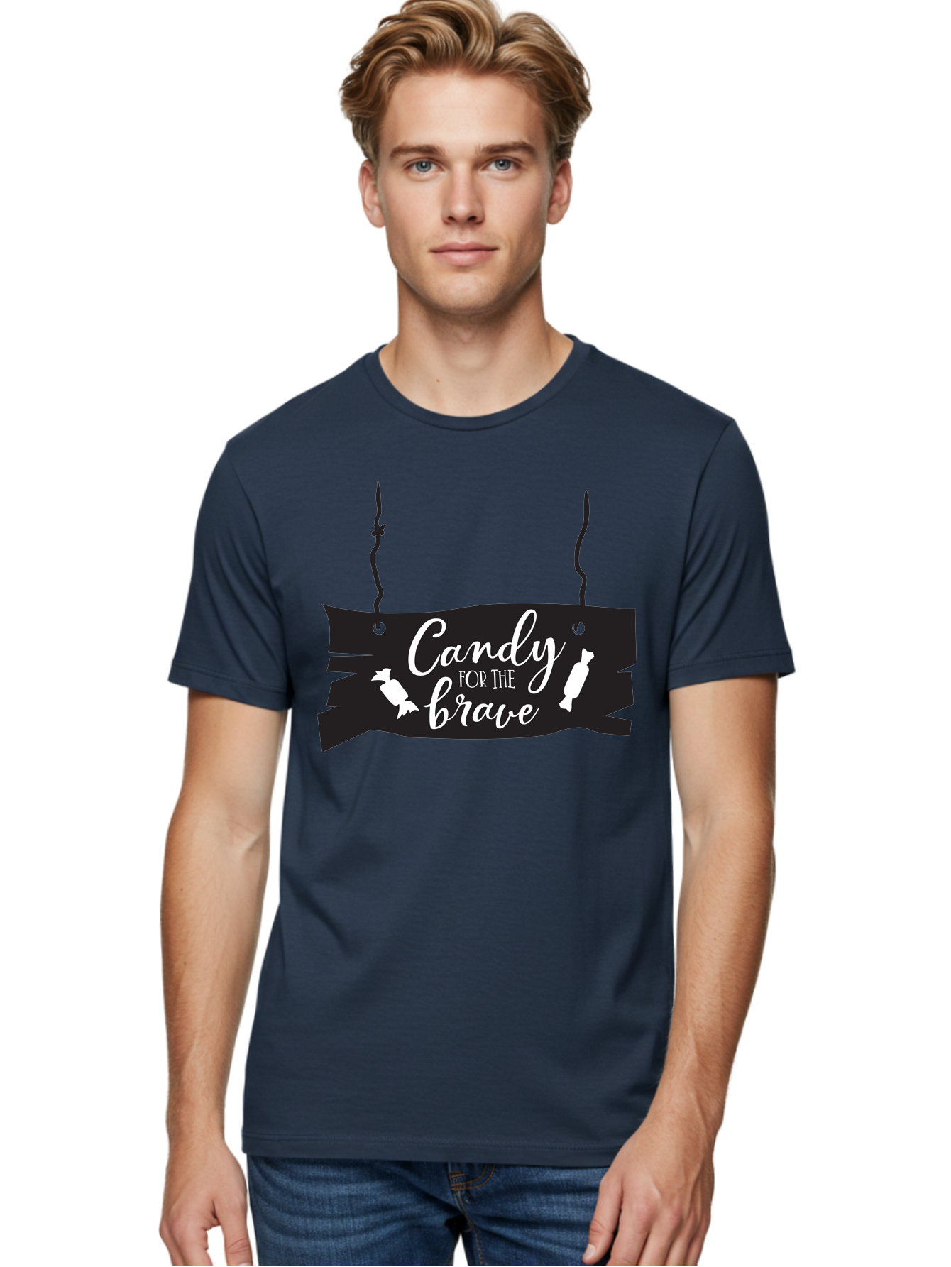 Candy-For-The-Brave Men'S Graphic Tee, 100% Cotton, Comfortable Casual Summer Wear, Machine Washable, Halloween Candy, Trick Or Treat, Spooky Decorations, White Cursive Text, Ghost And Candy Illustration, Black Wooden Sign, Horror Theme, Aac567