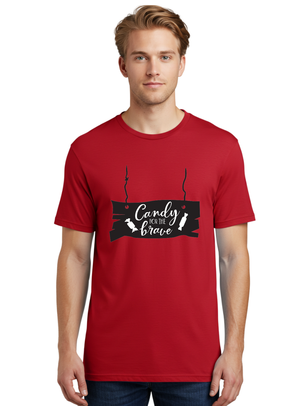 Candy-For-The-Brave Men'S Graphic Tee, 100% Cotton, Comfortable Casual Summer Wear, Machine Washable, Halloween Candy, Trick Or Treat, Spooky Decorations, White Cursive Text, Ghost And Candy Illustration, Black Wooden Sign, Horror Theme, Aac567