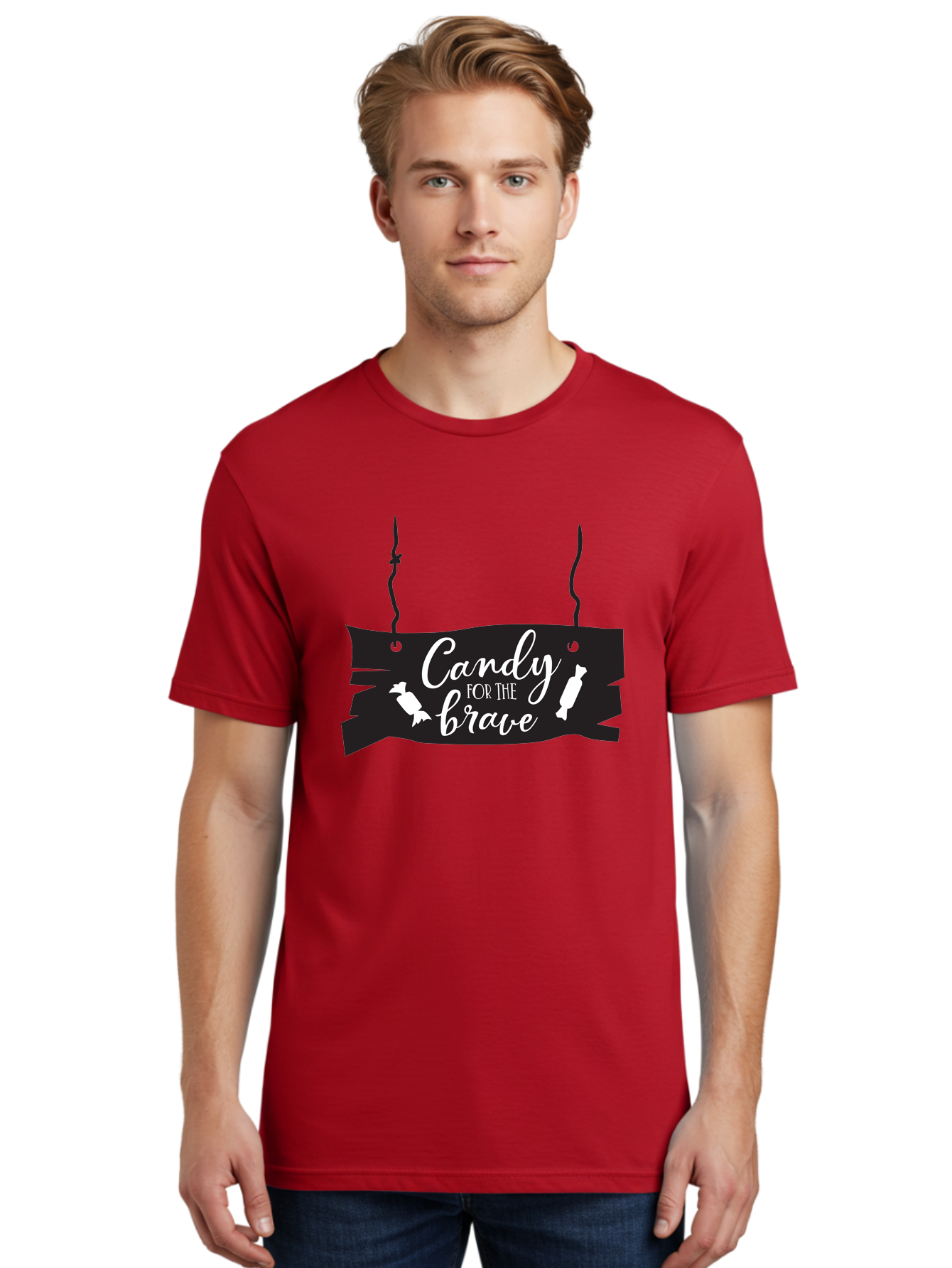Candy-For-The-Brave Men'S Graphic Tee, 100% Cotton, Comfortable Casual Summer Wear, Machine Washable, Halloween Candy, Trick Or Treat, Spooky Decorations, White Cursive Text, Ghost And Candy Illustration, Black Wooden Sign, Horror Theme, Aac567