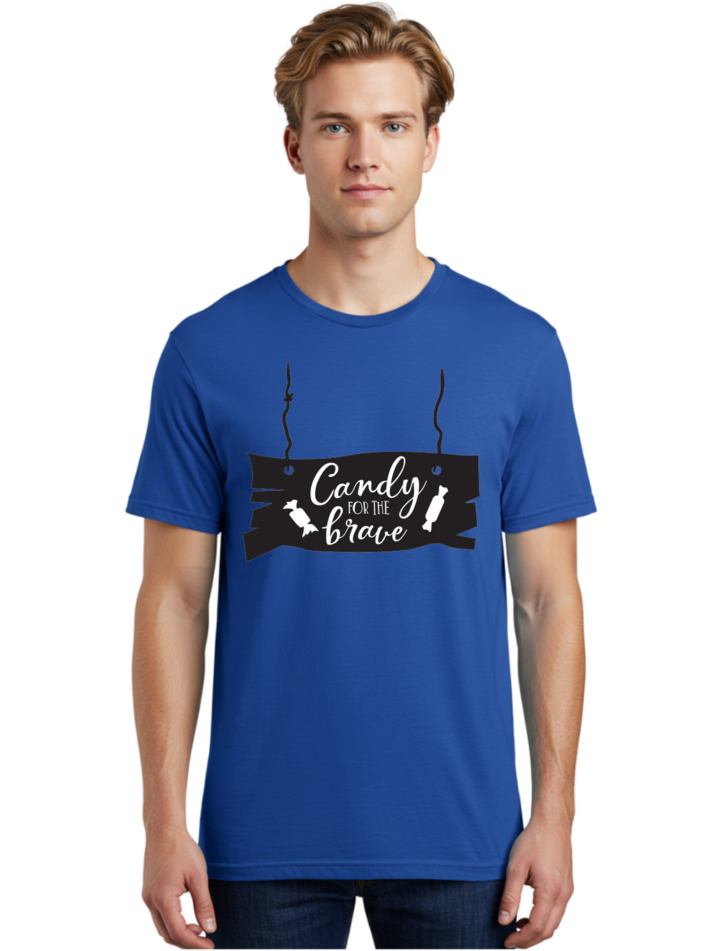 Candy-For-The-Brave Men'S Graphic Tee, 100% Cotton, Comfortable Casual Summer Wear, Machine Washable, Halloween Candy, Trick Or Treat, Spooky Decorations, White Cursive Text, Ghost And Candy Illustration, Black Wooden Sign, Horror Theme, Aac567